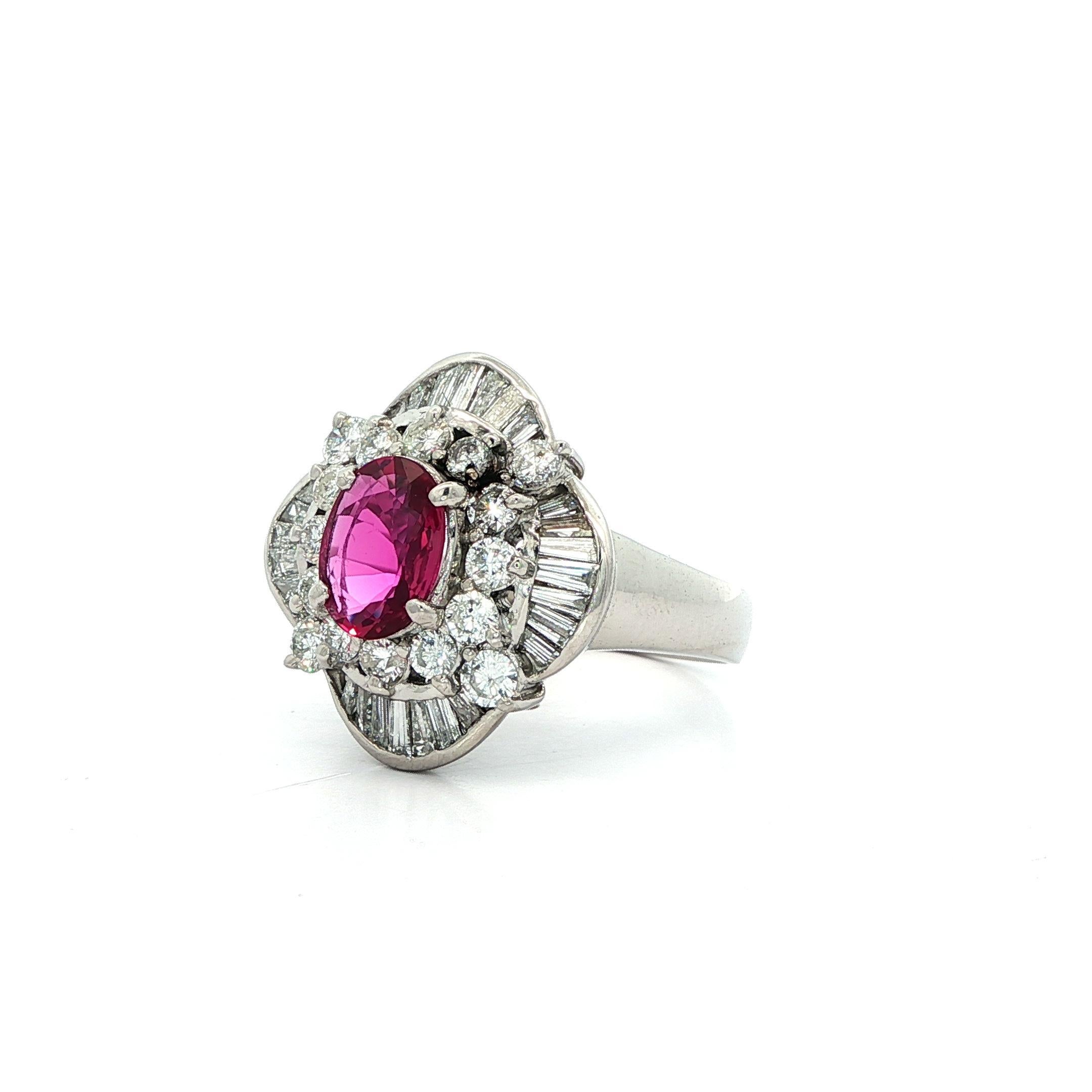 Platinum High Quality GIA 2.04ct No Heat Oval Vivid Red Ruby & Diamond Ring For Sale 3