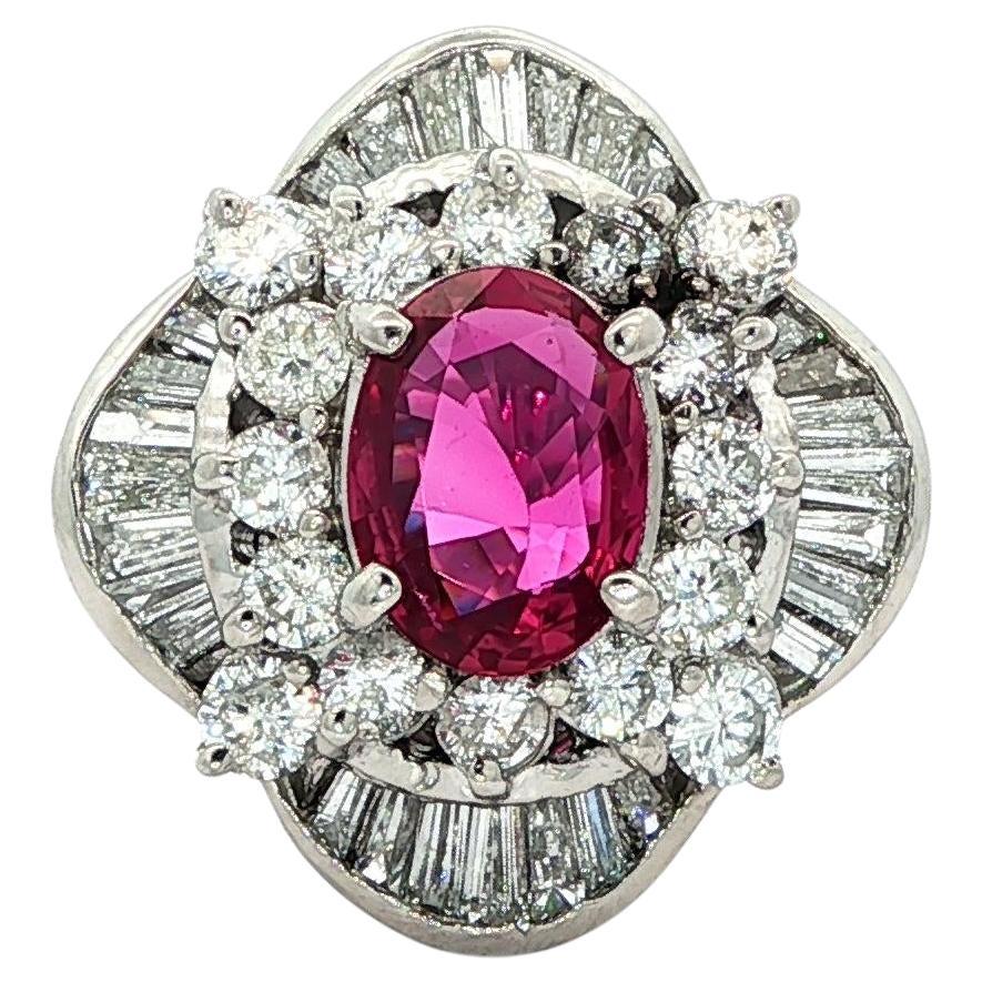 Platinum High Quality GIA 2.04ct No Heat Oval Vivid Red Ruby & Diamond Ring For Sale
