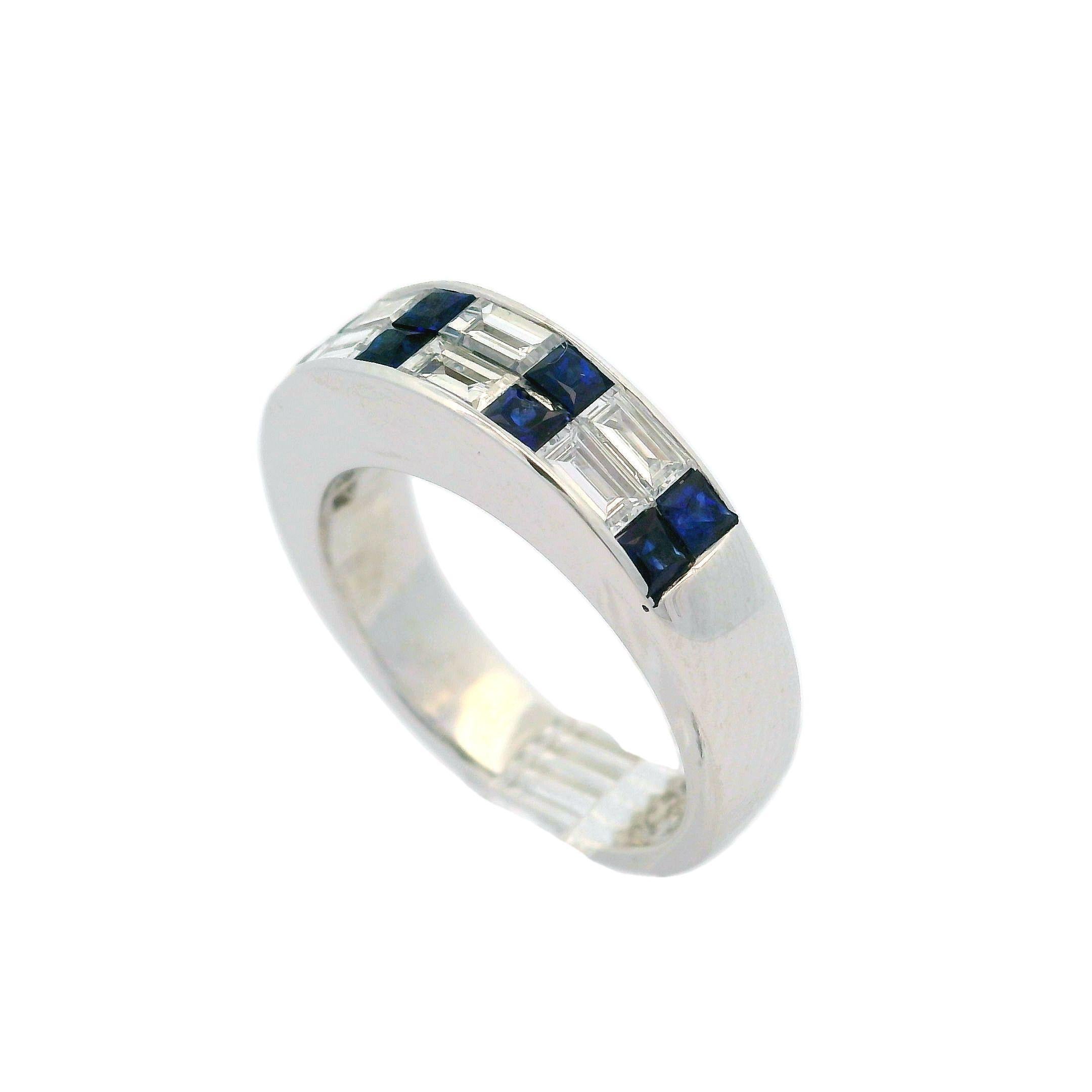 Platinum Invisible Channel Set Sapphire & Baguette Diamond Band Ring Size 6 8