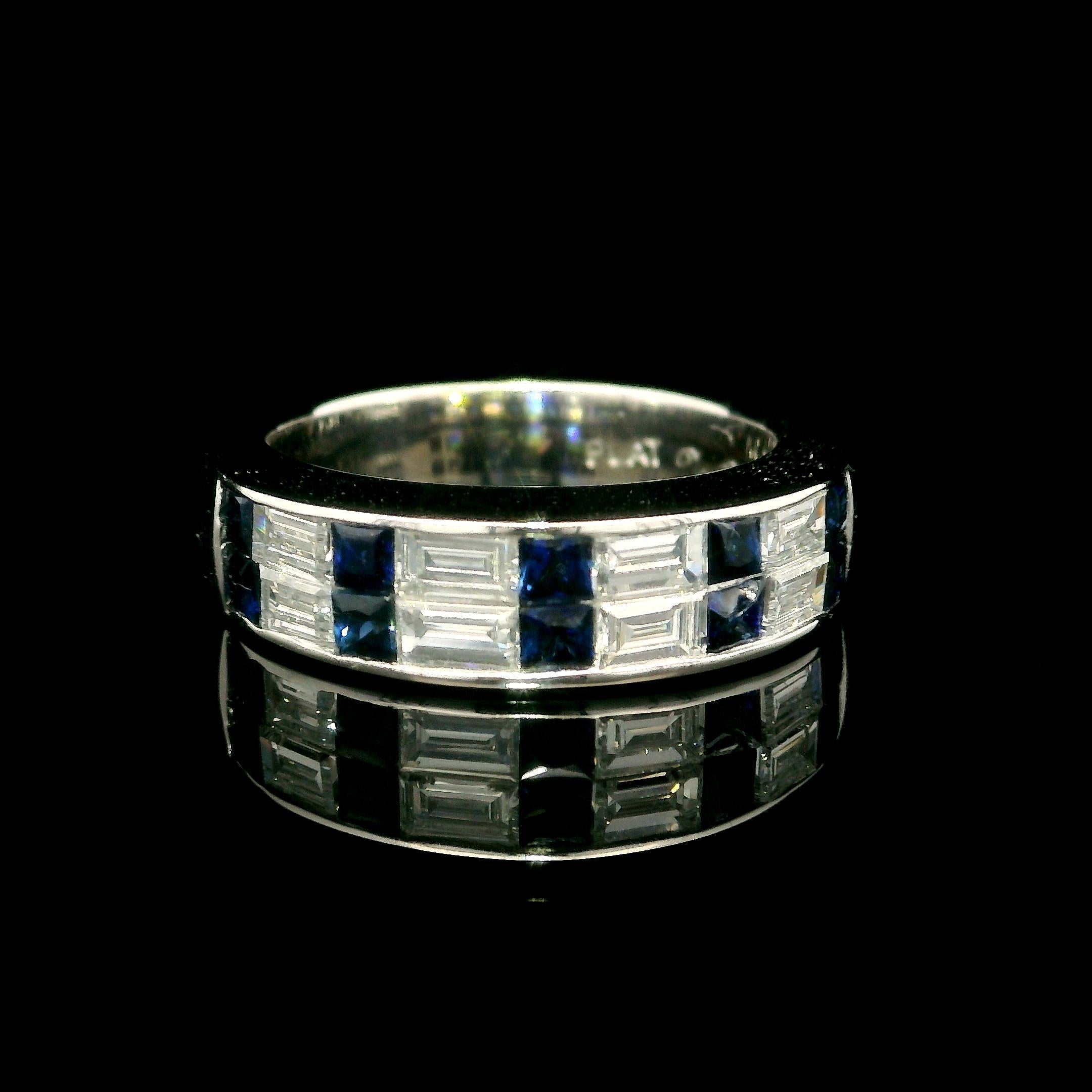 Square Cut Platinum Invisible Channel Set Sapphire & Baguette Diamond Band Ring Size 6