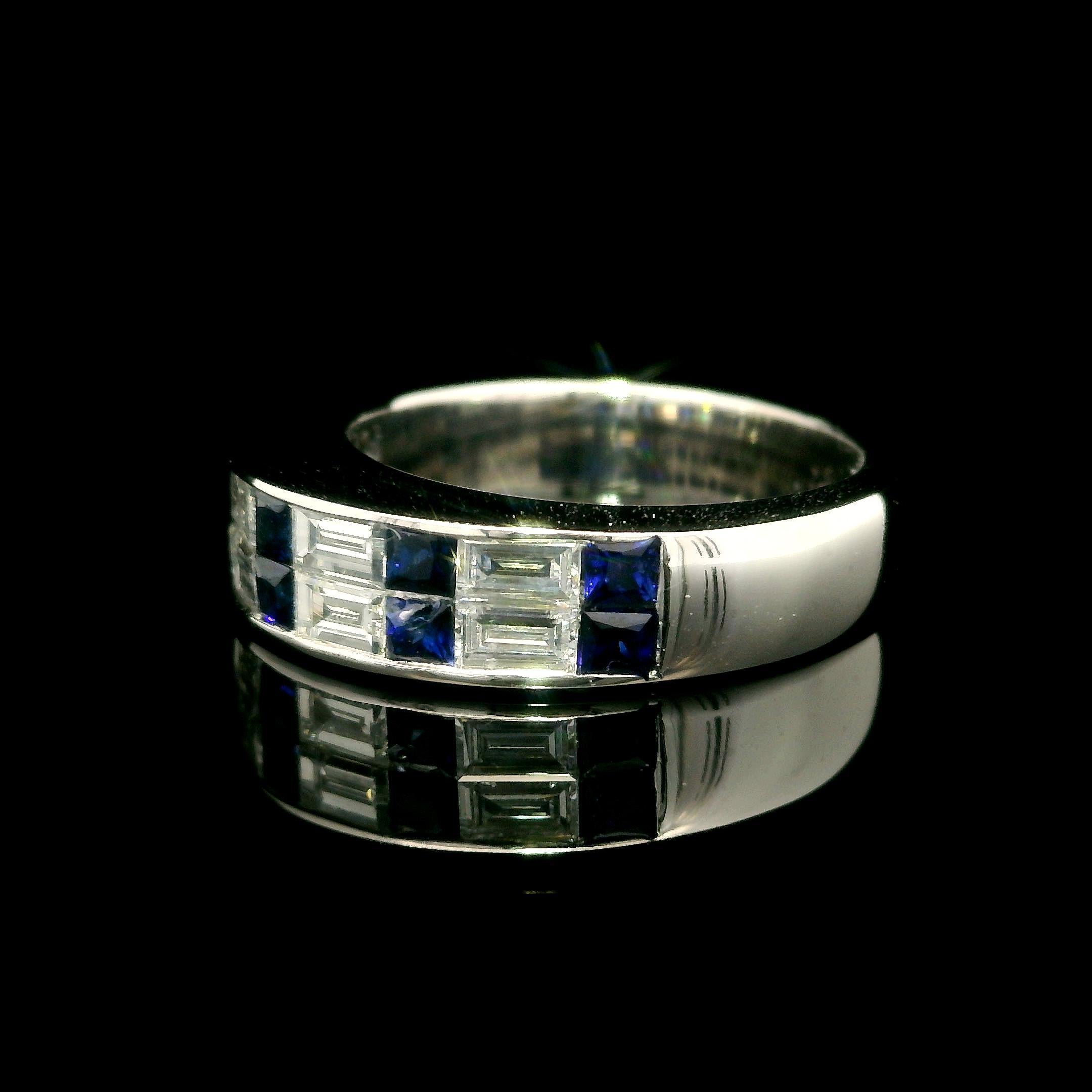 Platinum Invisible Channel Set Sapphire & Baguette Diamond Band Ring Size 6 In Excellent Condition In Montclair, NJ