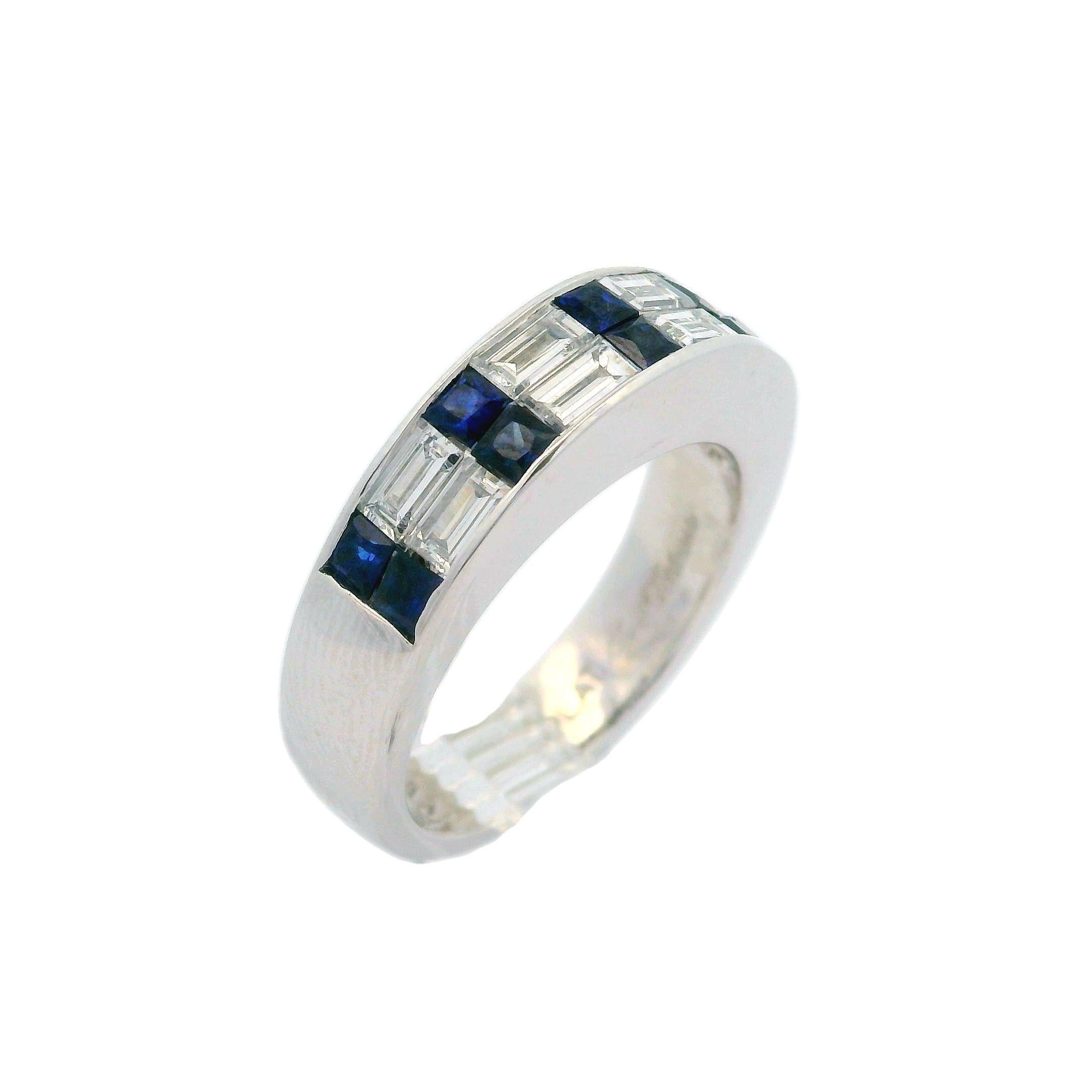 Platinum Invisible Channel Set Sapphire & Baguette Diamond Band Ring Size 6 1