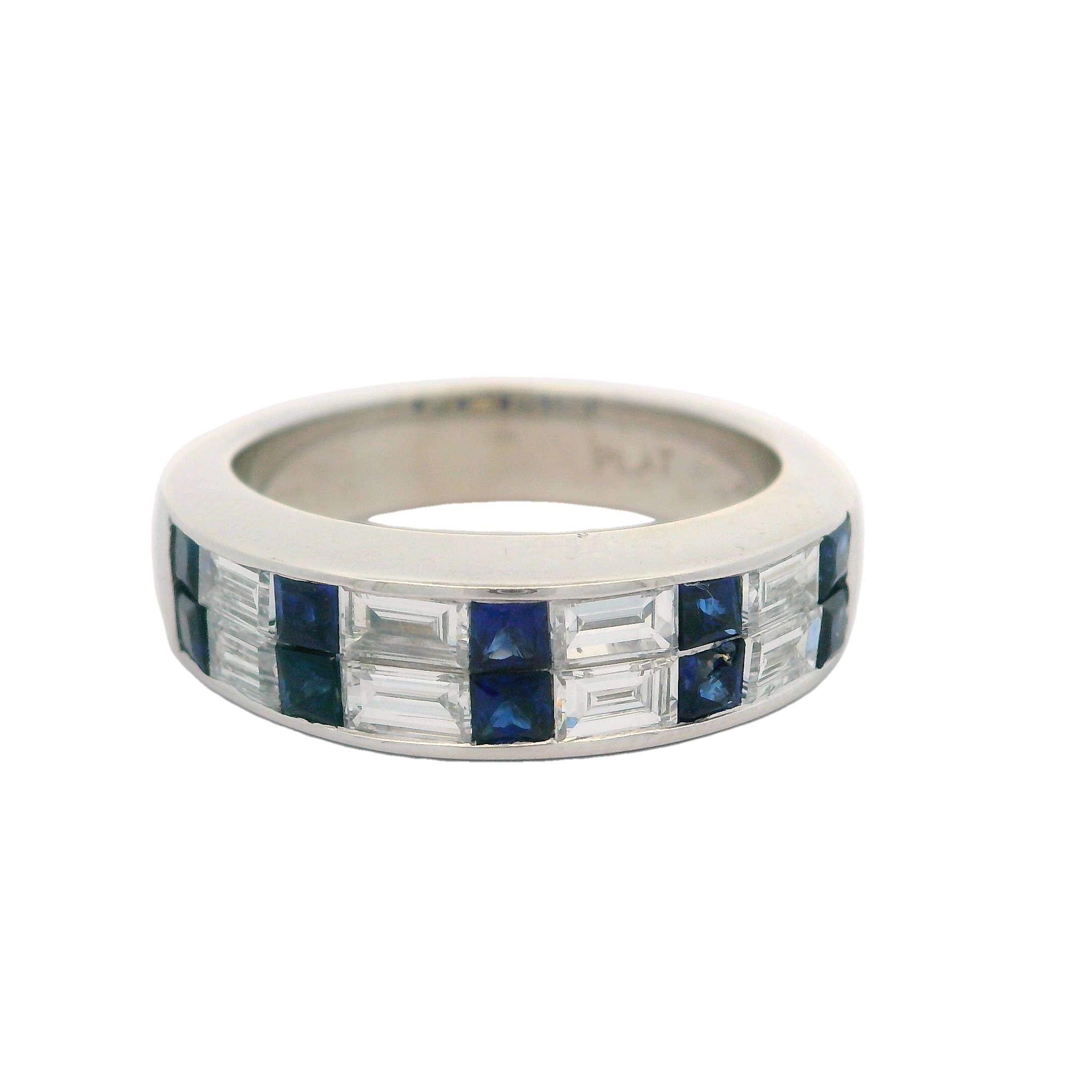 Platinum Invisible Channel Set Sapphire & Baguette Diamond Band Ring Size 6 3
