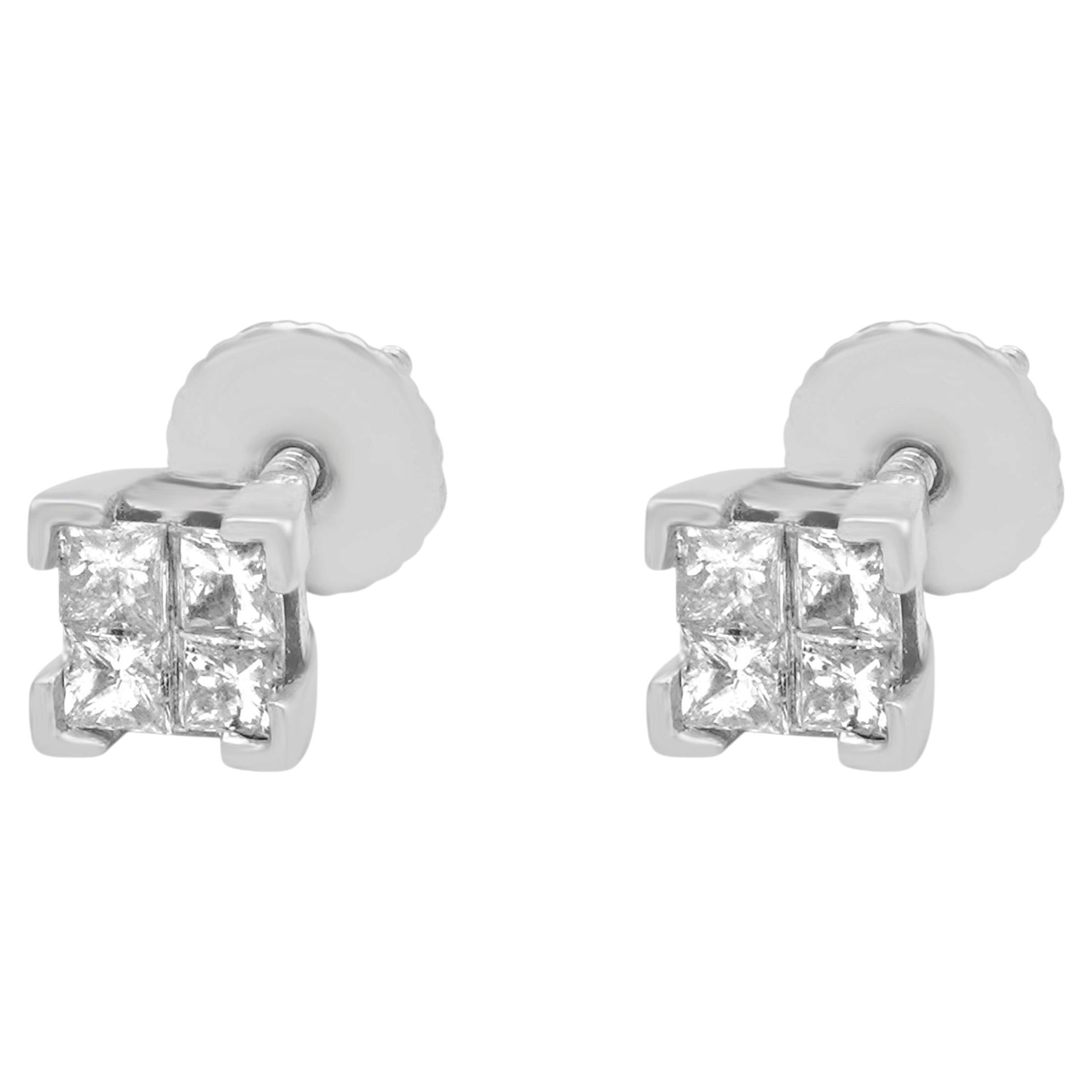 Platinum Invisible Set Princess Cut Diamond Stud Earrings For Sale