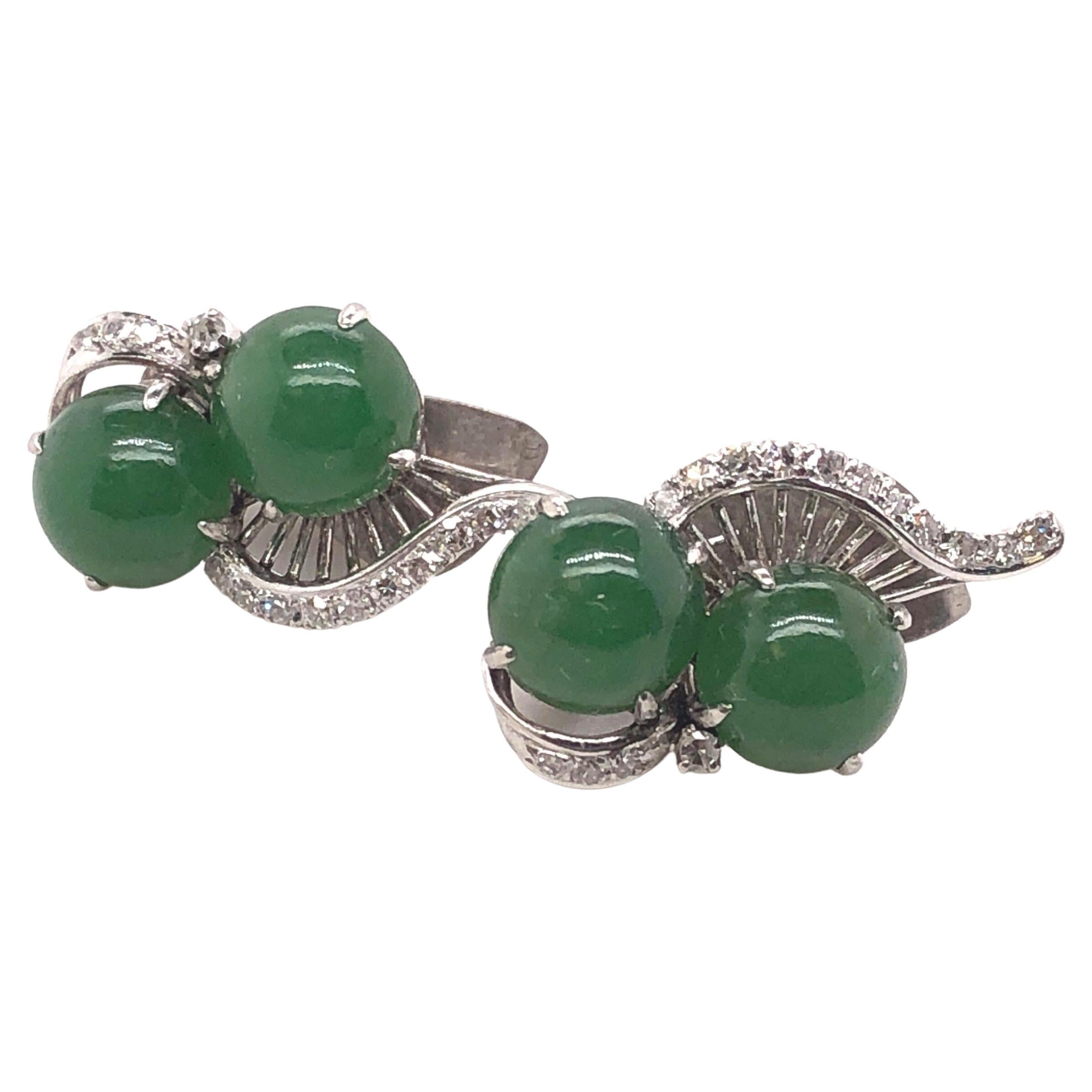 Platinum Jade and Diamond Clip on Earrings, 1950's