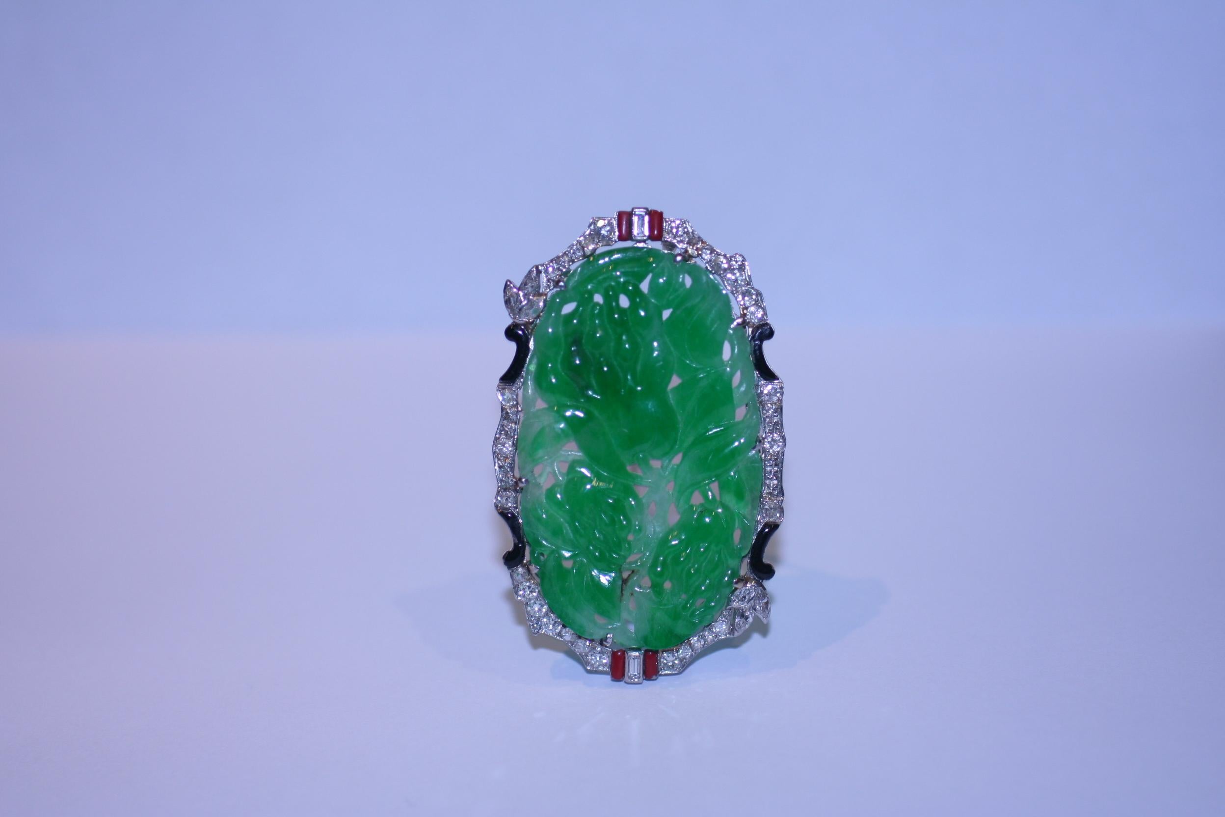 Art Deco Platinum Jade Diamond Brooch For Sale