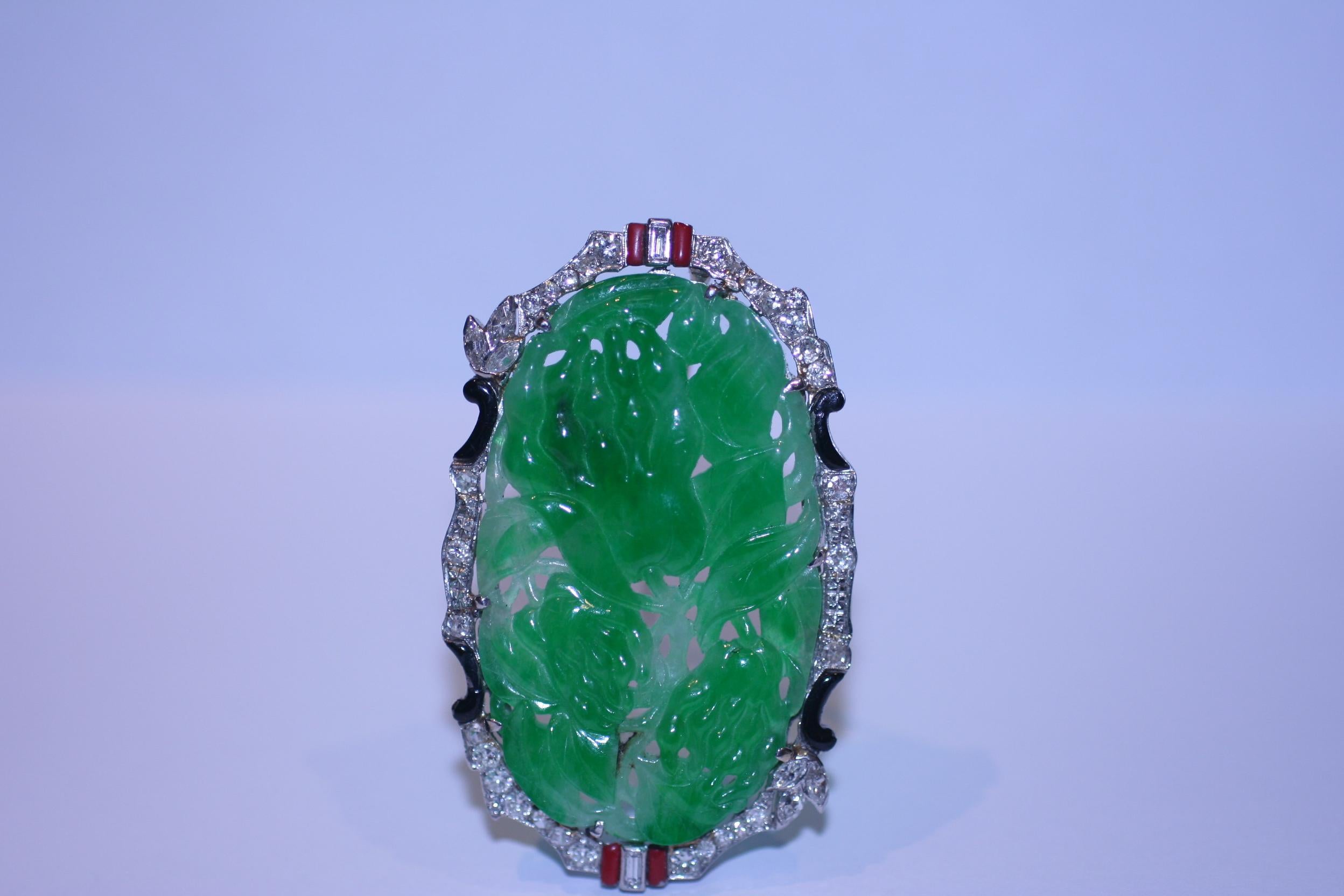 Round Cut Platinum Jade Diamond Brooch For Sale