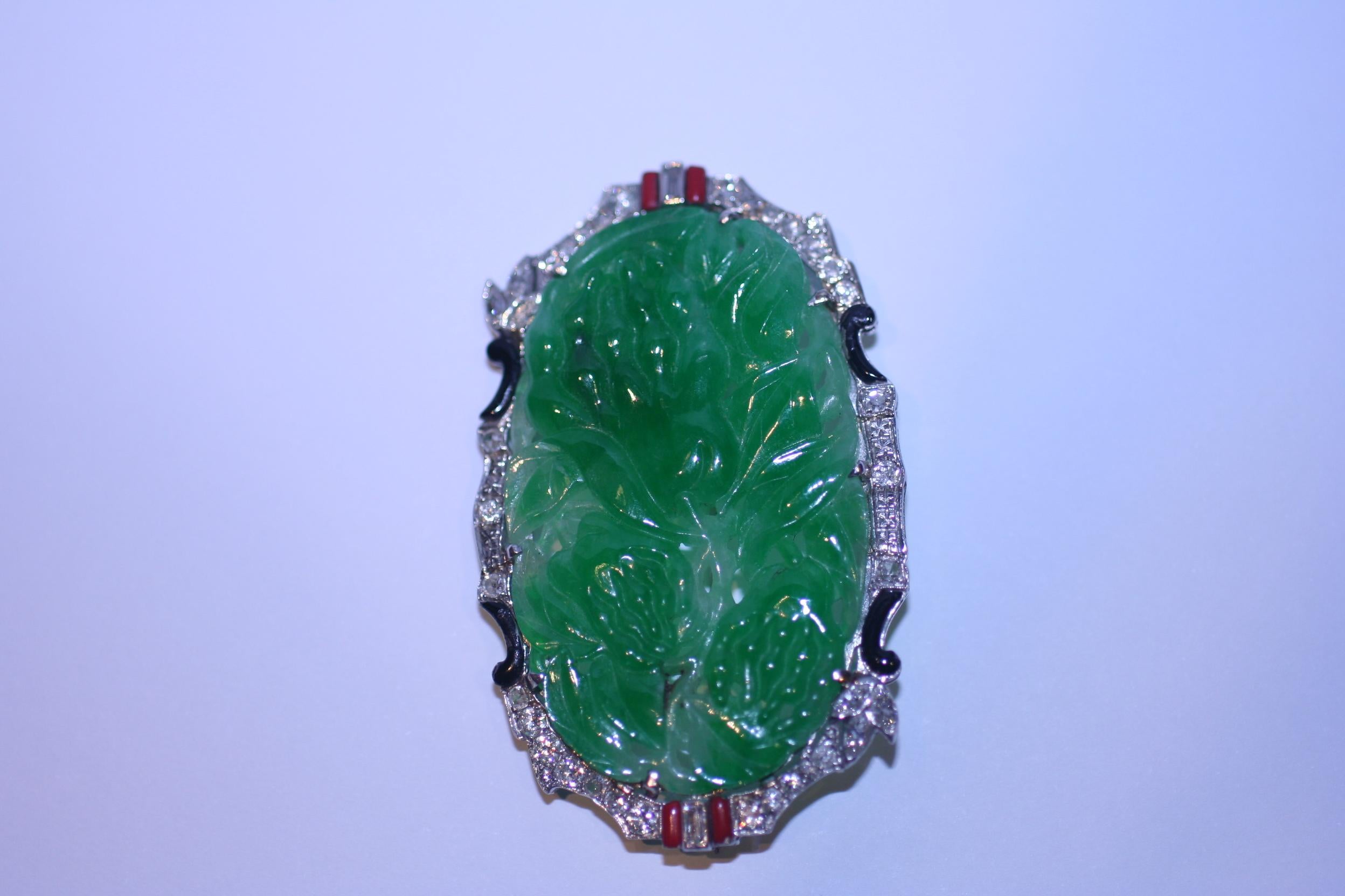 Platinum Jade Diamond Brooch In Excellent Condition For Sale In New York, NY