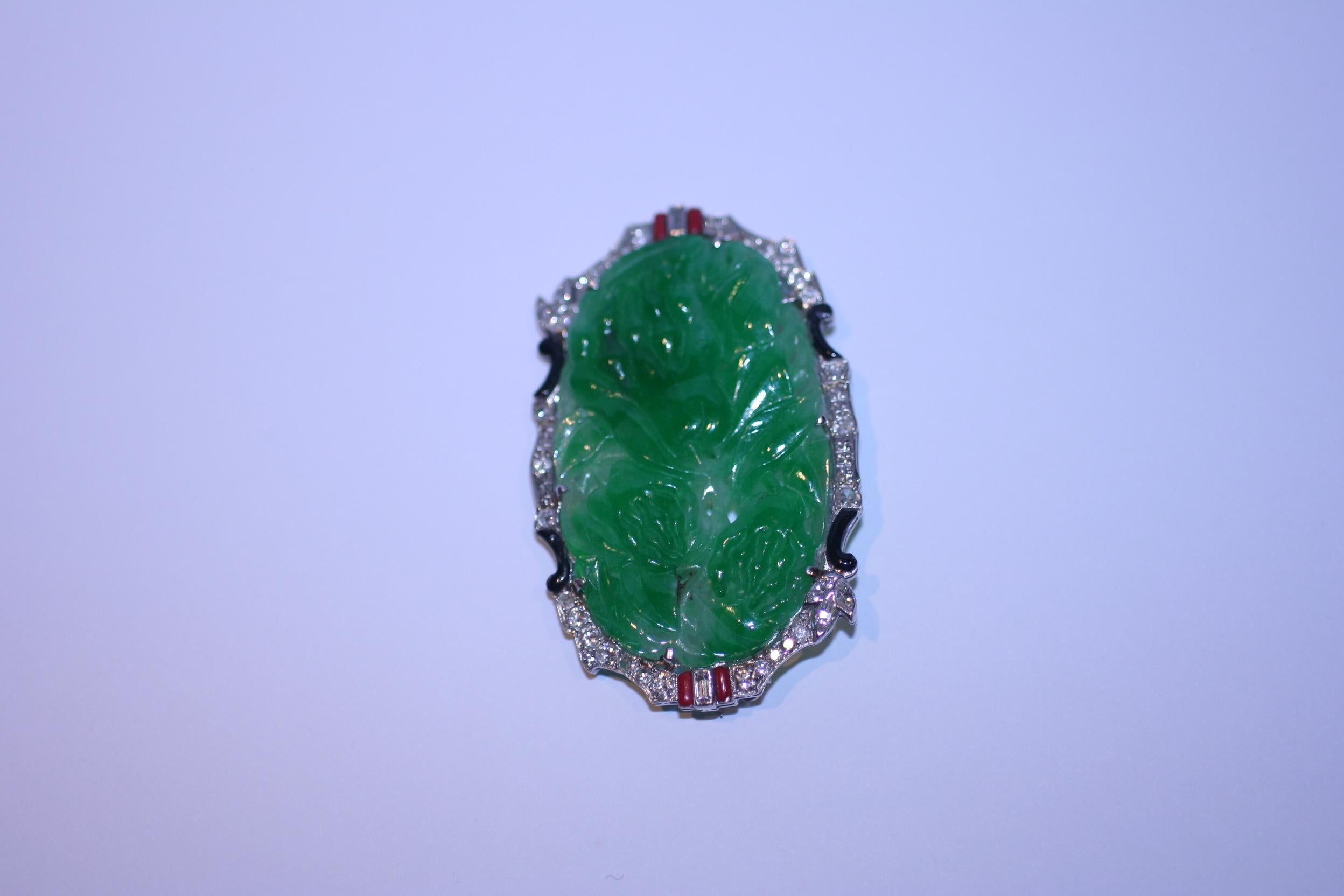 Women's or Men's Platinum Jade Diamond Brooch For Sale