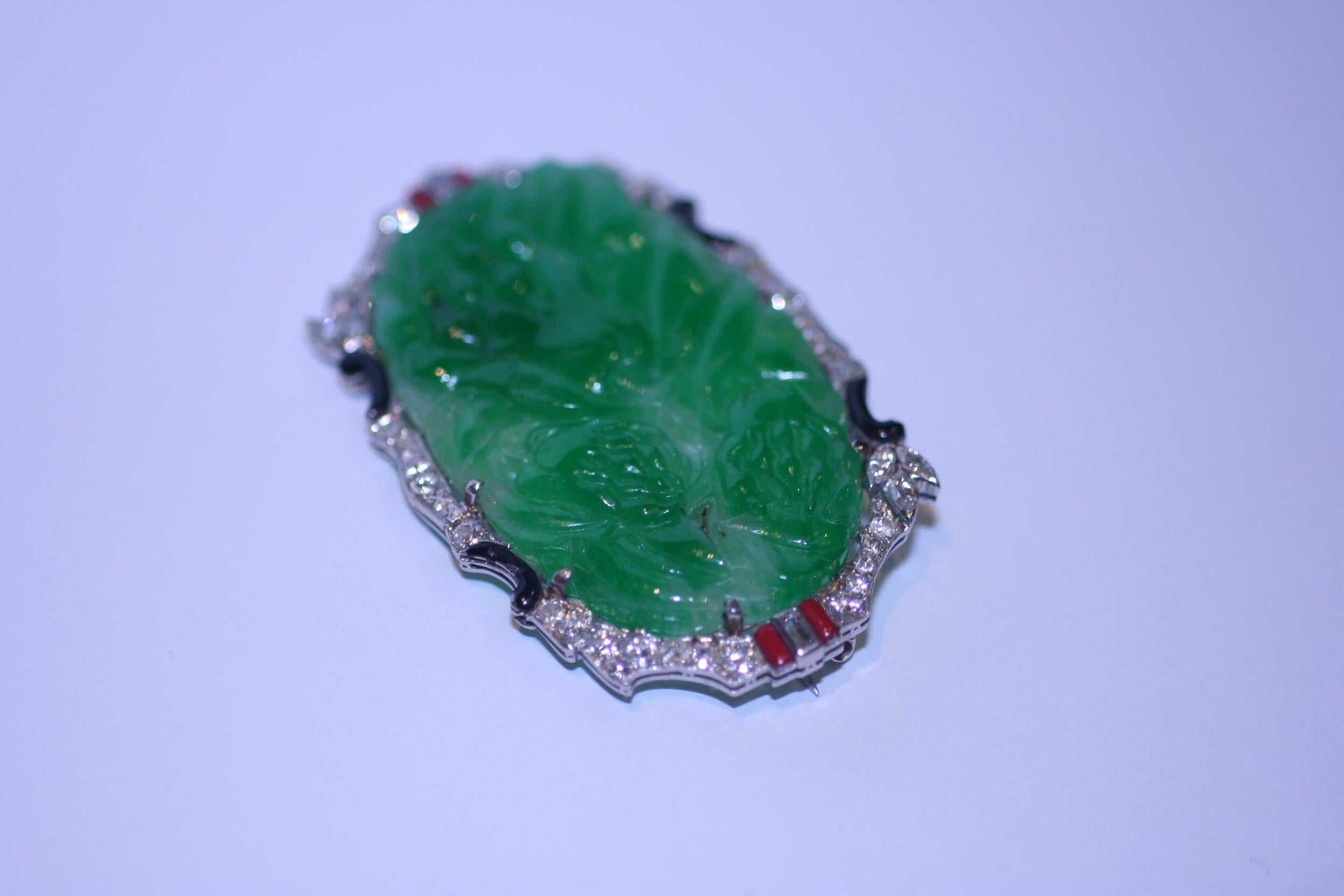 Platinum Jade Diamond Brooch For Sale 1