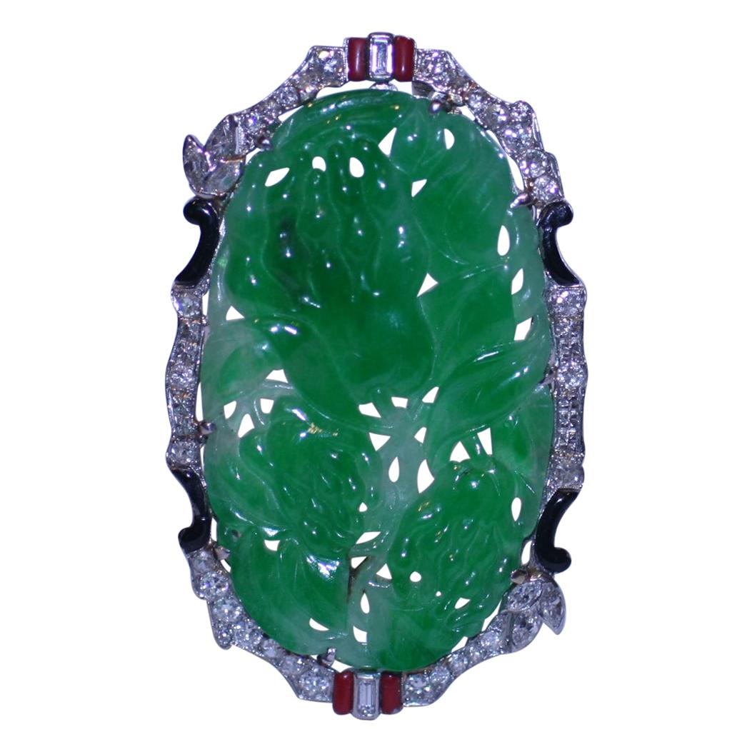 Platinum Jade Diamond Brooch For Sale