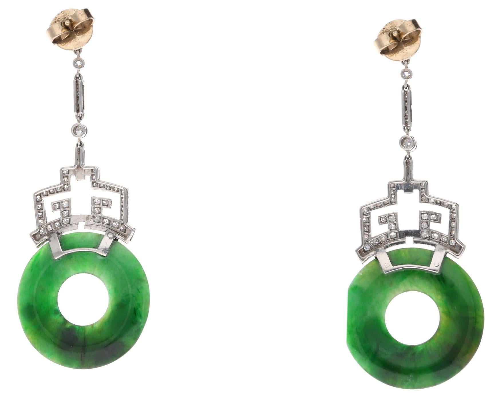 Art Deco Platinum Jadeite Diamond Drop Earrings