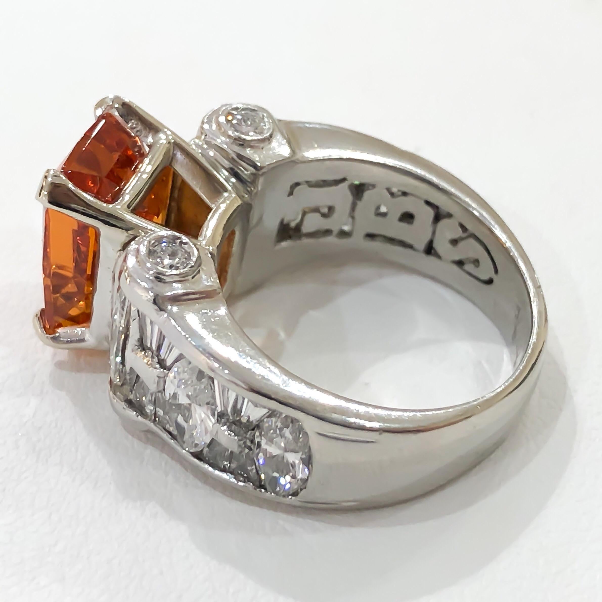 Platinum J.B. Star 6.75 Carat Spessartite Garnet and Diamond Ring In Excellent Condition In Carmel-by-the-Sea, CA
