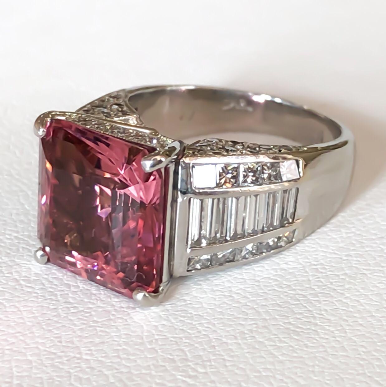 Princess Cut Platinum J.B. Star 7.39 Carat Pink Tourmaline and Diamond Ring
