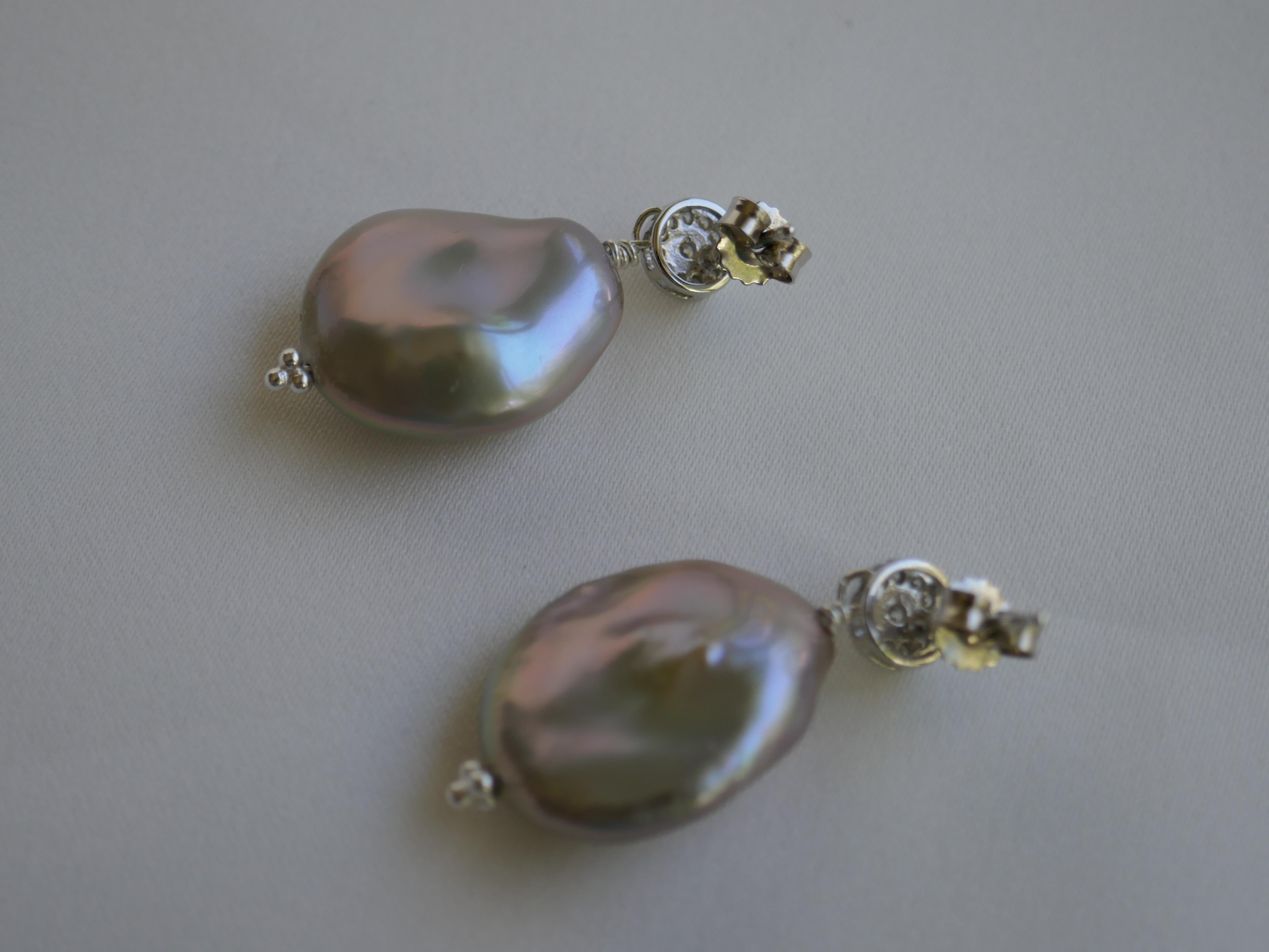 Platinum Keshi Coin Cultured Pearls Cubic Zirconia 925 Sterling Silver Earrings In New Condition In Coral Gables, FL