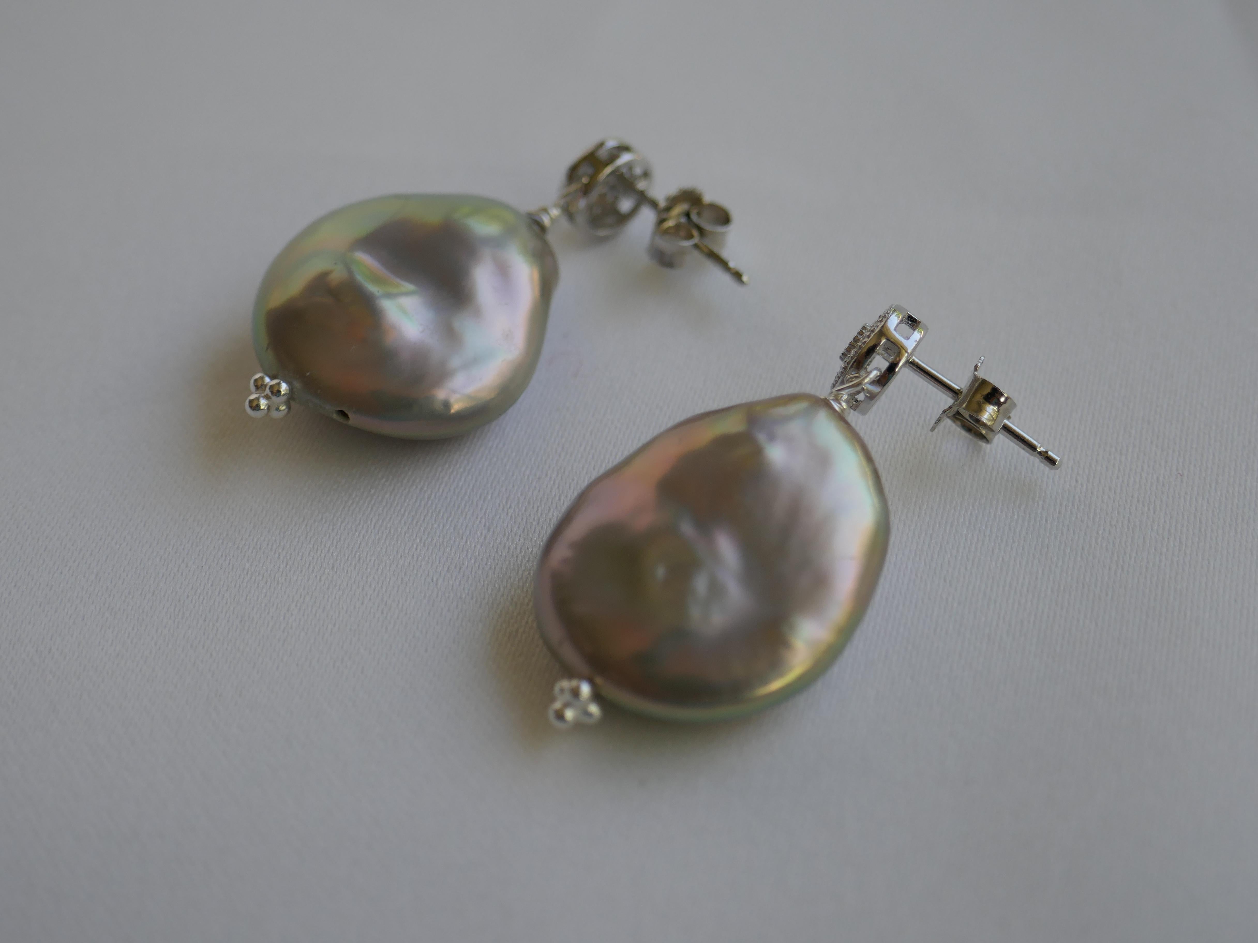 Women's or Men's Platinum Keshi Coin Cultured Pearls Cubic Zirconia 925 Sterling Silver Earrings