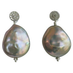 Platinum Keshi Coin Cultured Pearls Cubic Zirconia 925 Sterling Silver Earrings