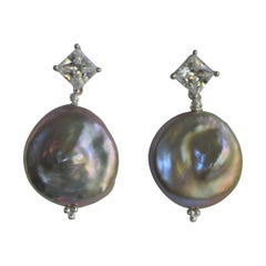 Platinum Keshi Coin Cultured Pearls Cubic Zirconia 925 Sterling Silver Earrings