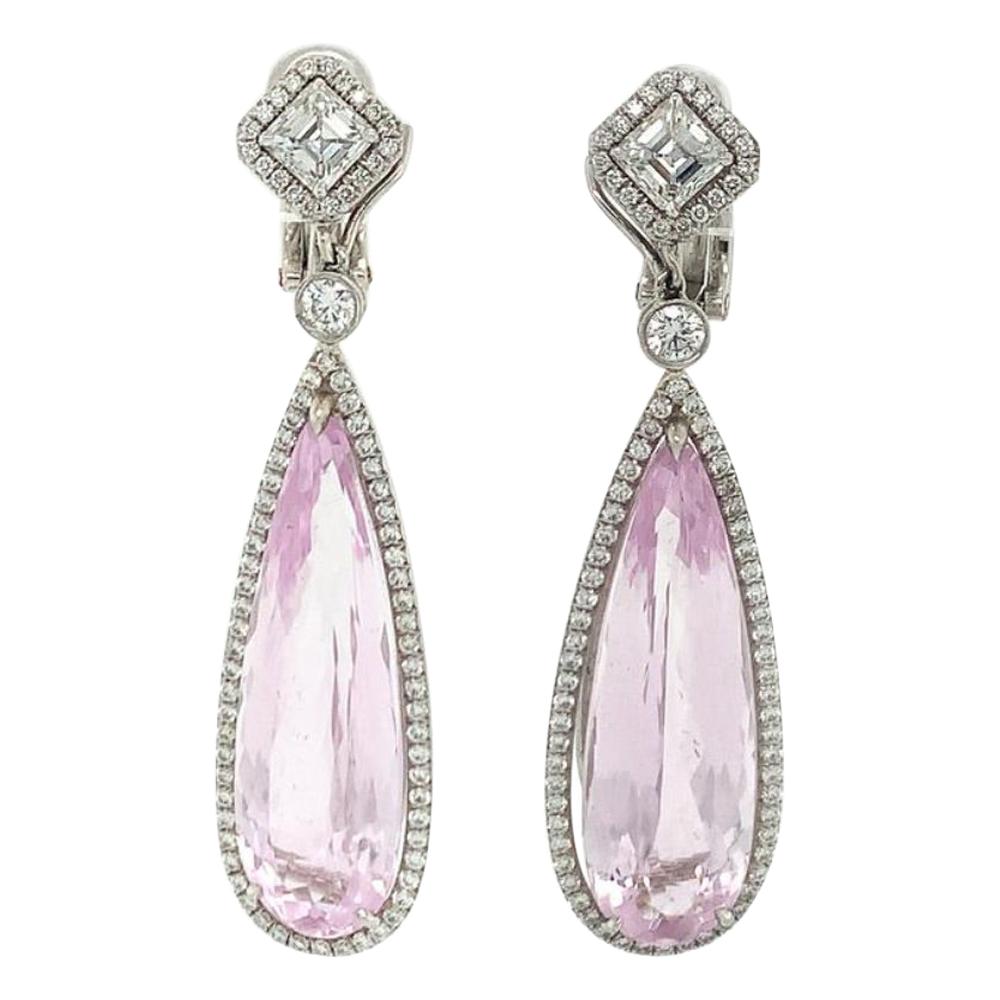 Platinum Kunzite Diamond Drop Earrings For Sale