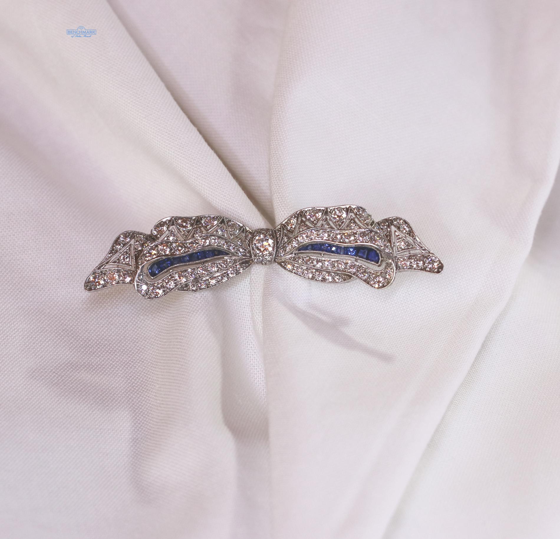 Women's or Men's Platinum Lacey Bow Brooch with Diamonds and Sapphires