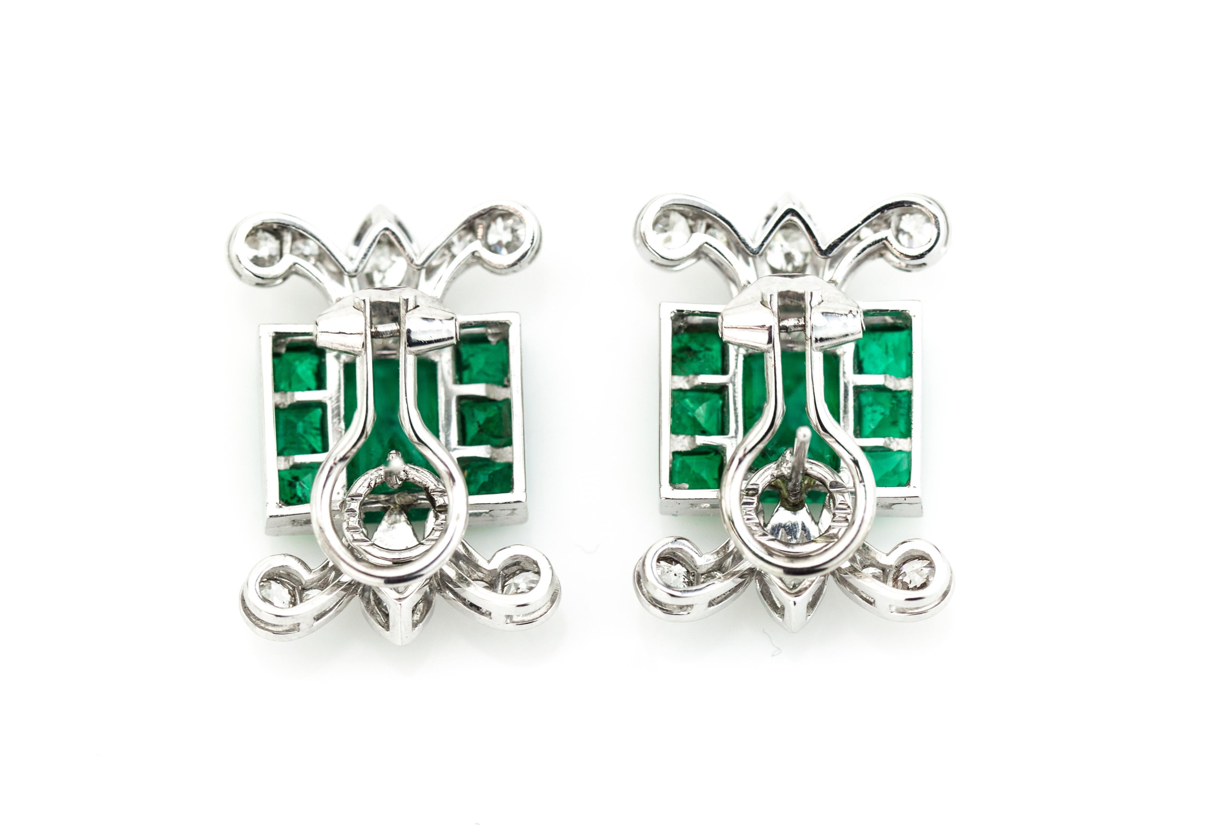 Octagon Cut Platinum Ladies Clip-On Earrings with Natural Colombian Emeralds For Sale