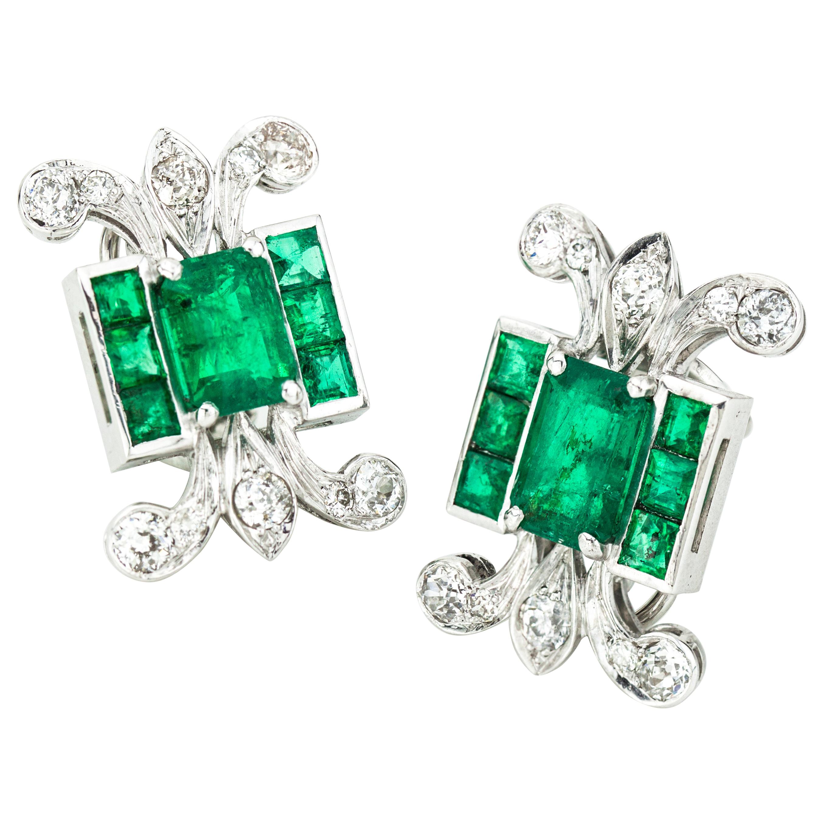 Platinum Ladies Clip-On Earrings with Natural Colombian Emeralds