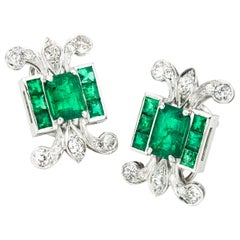 Vintage Platinum Ladies Clip-On Earrings with Natural Colombian Emeralds