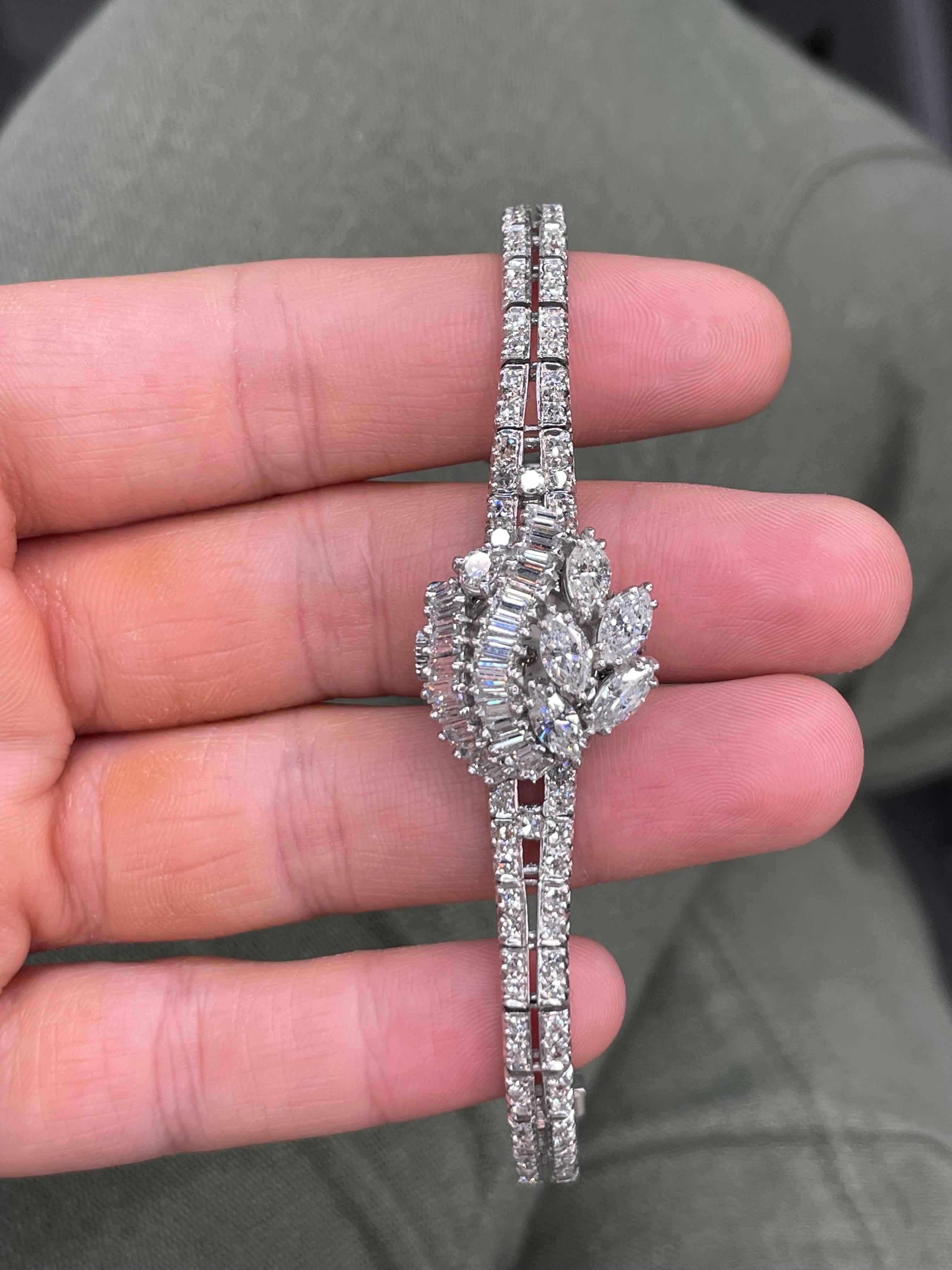 Platinum Ladies Diamond Cluster Wrist Watch 4.75 Carats, circa 1950s 6