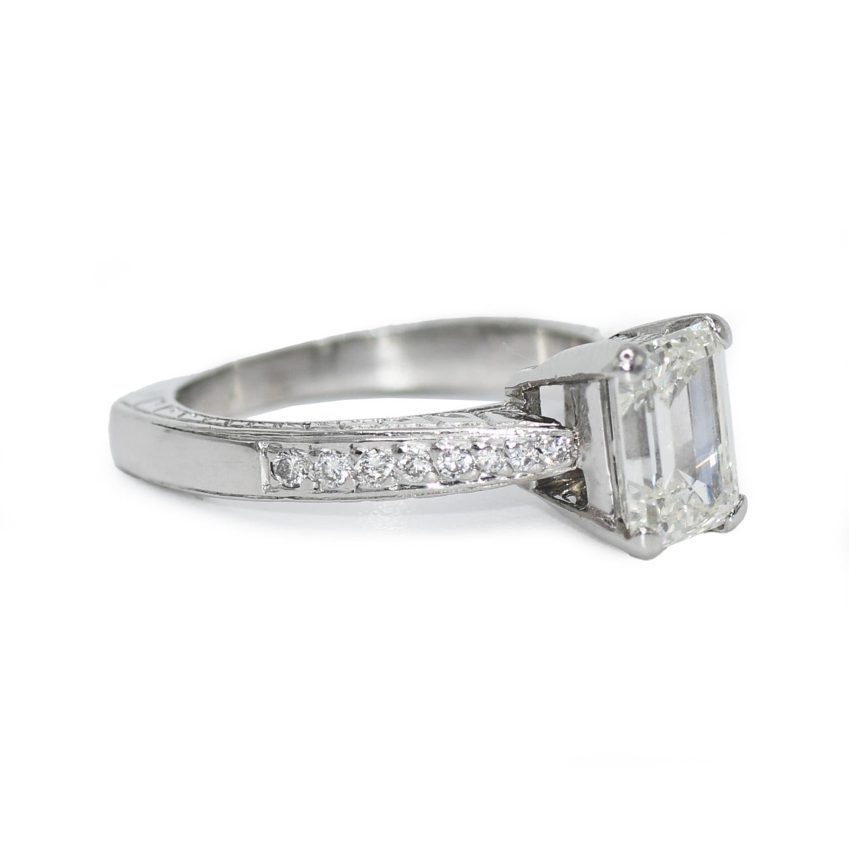 Ladies diamond engagement ring in platinum setting. Stamped Plat and weighs 6.5 grams.
The center diamond is an emerald cut diamond, 1.59 carats , EGL graded i color, Vs1 clarity.
Report number is US 89884902D.
The diamond has very good