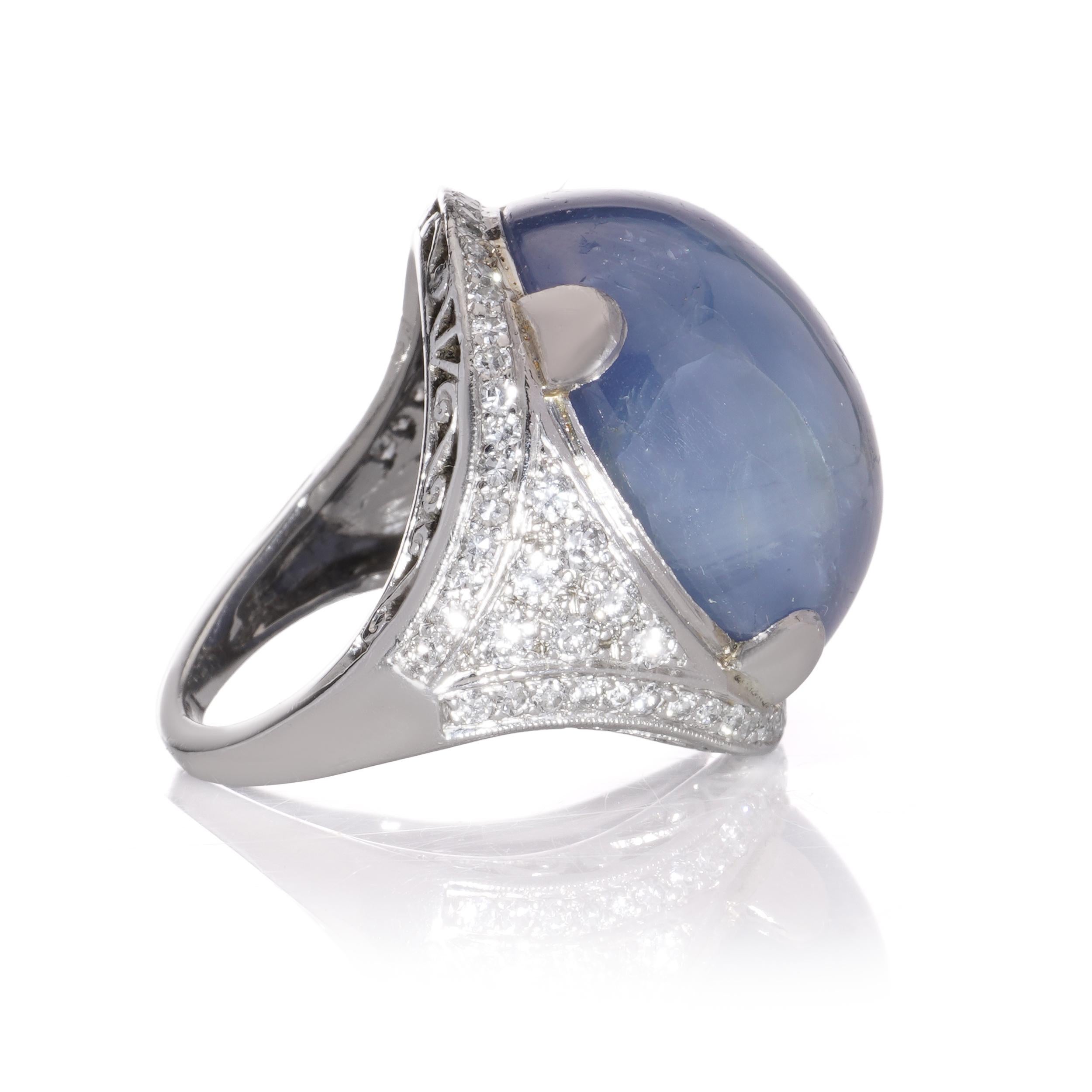 Round Cut Platinum ladies' dome ring with 46 cts. of round natural cabochon sapphire For Sale