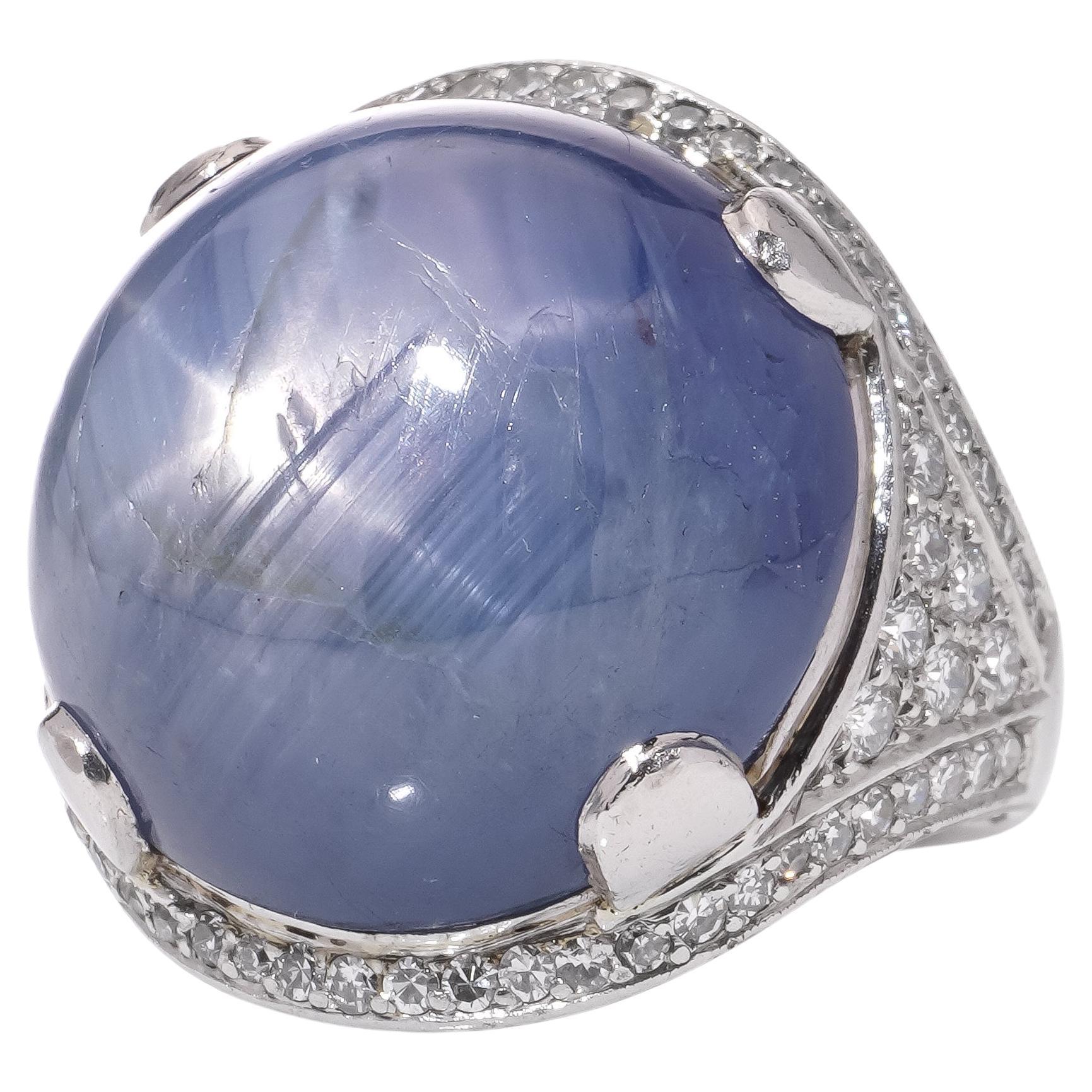 Platinum ladies' dome ring with 46 cts. of round natural cabochon sapphire For Sale