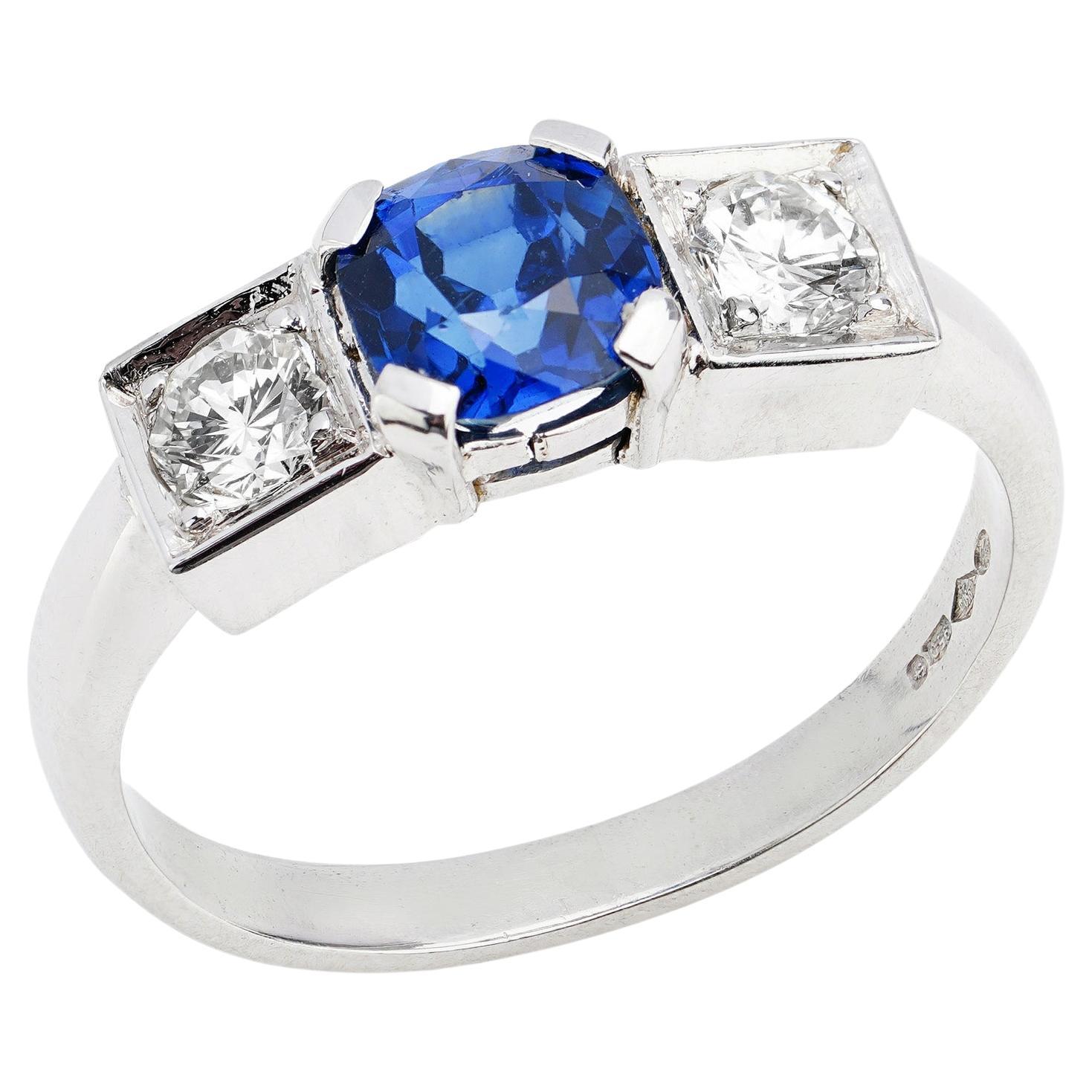 Three-Stone Large Sapphire/Diamond Platinum Ring For Sale at 1stDibs
