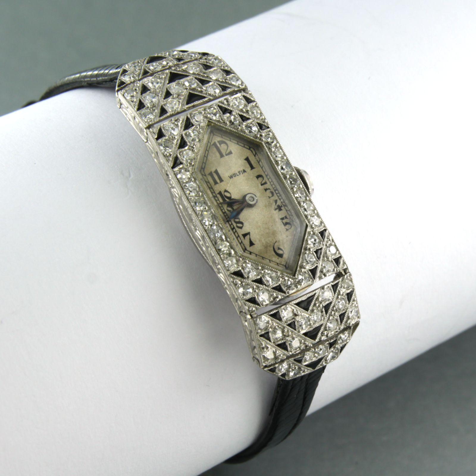 Women's Platinum ladies watch decorated with enamel and with old single cut diamonds For Sale