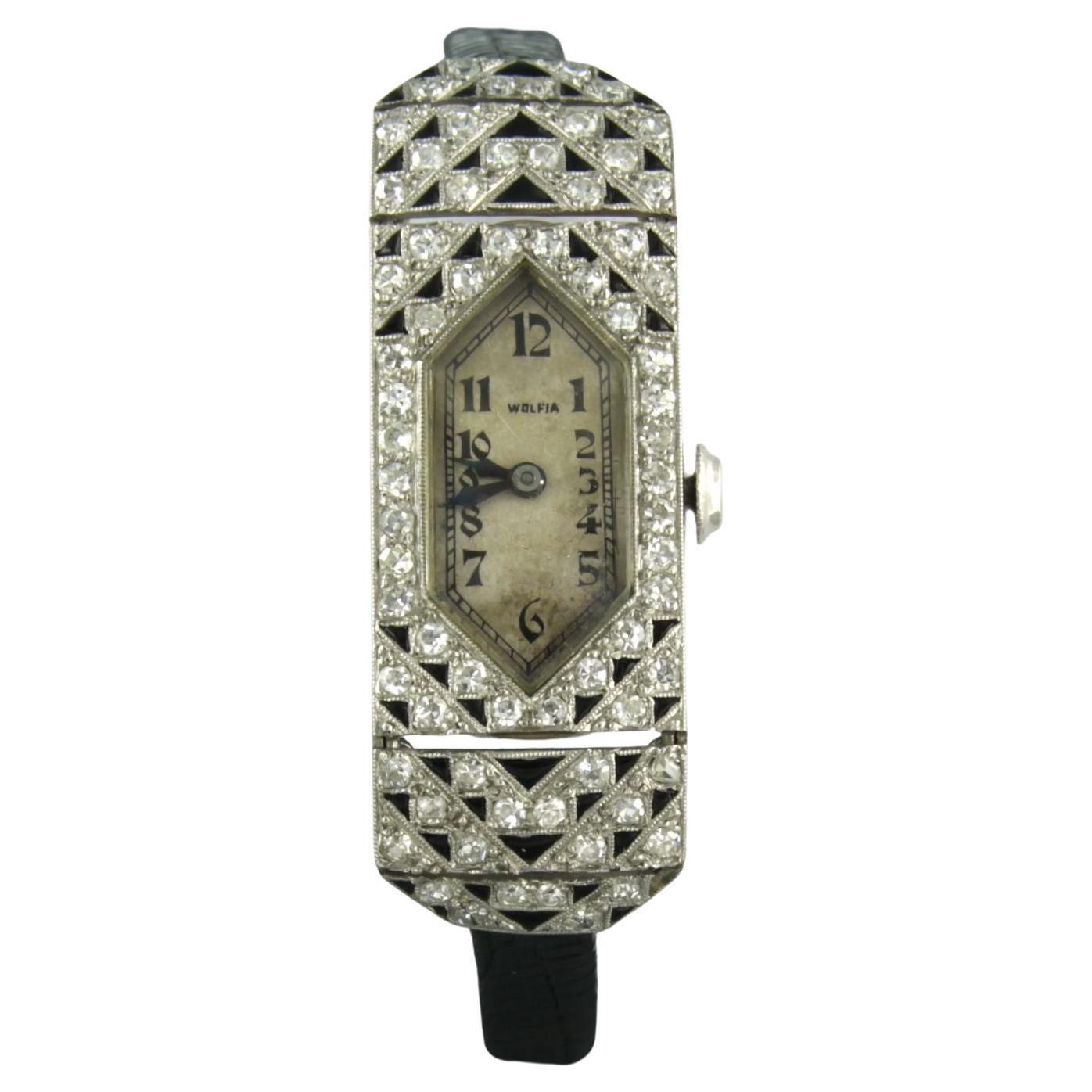 Platinum ladies watch decorated with enamel and with old single cut diamonds For Sale
