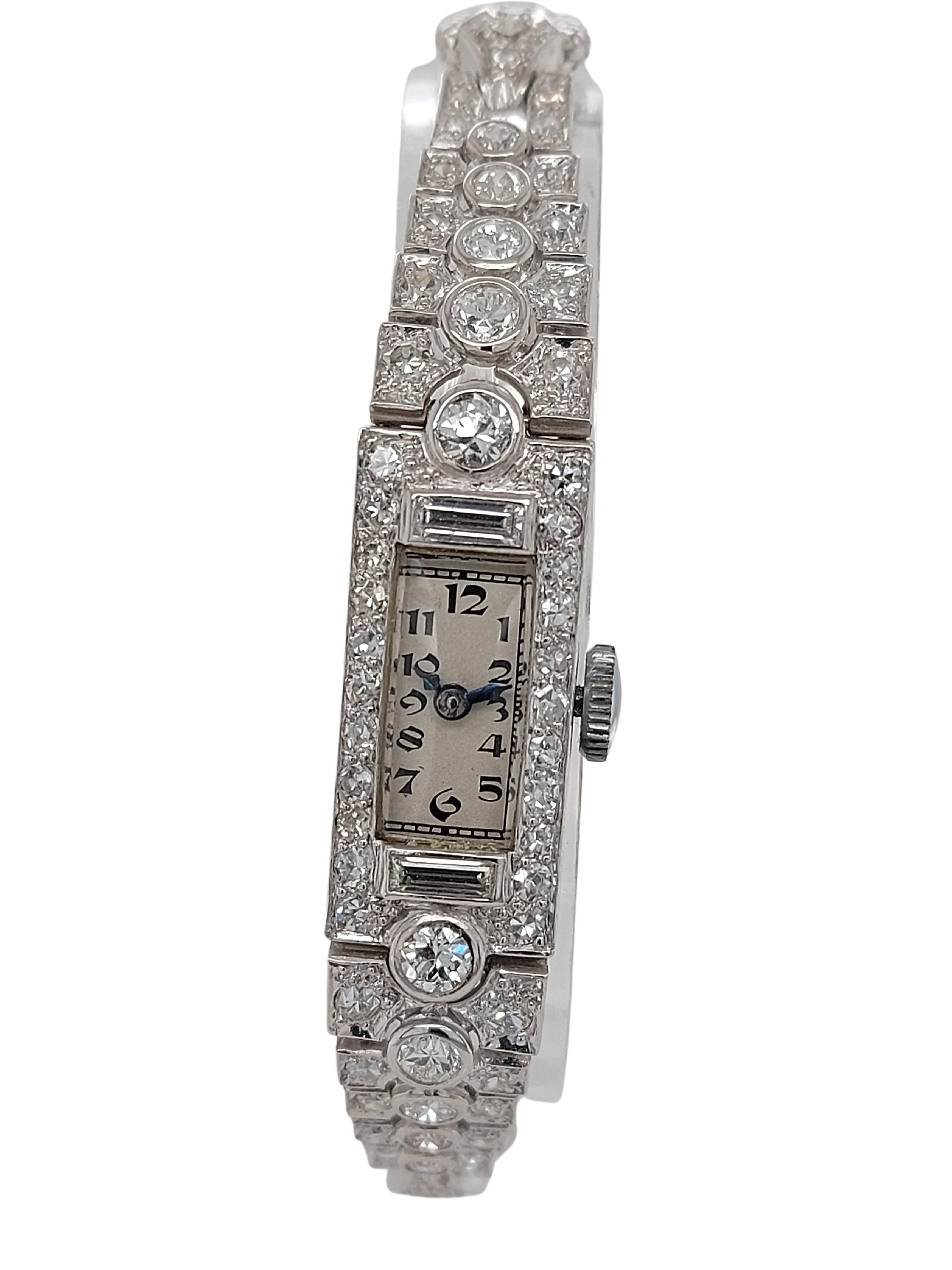 Platinum Lady Wristwatch with Old Cut or Baguette Cut Diamonds For Sale 4