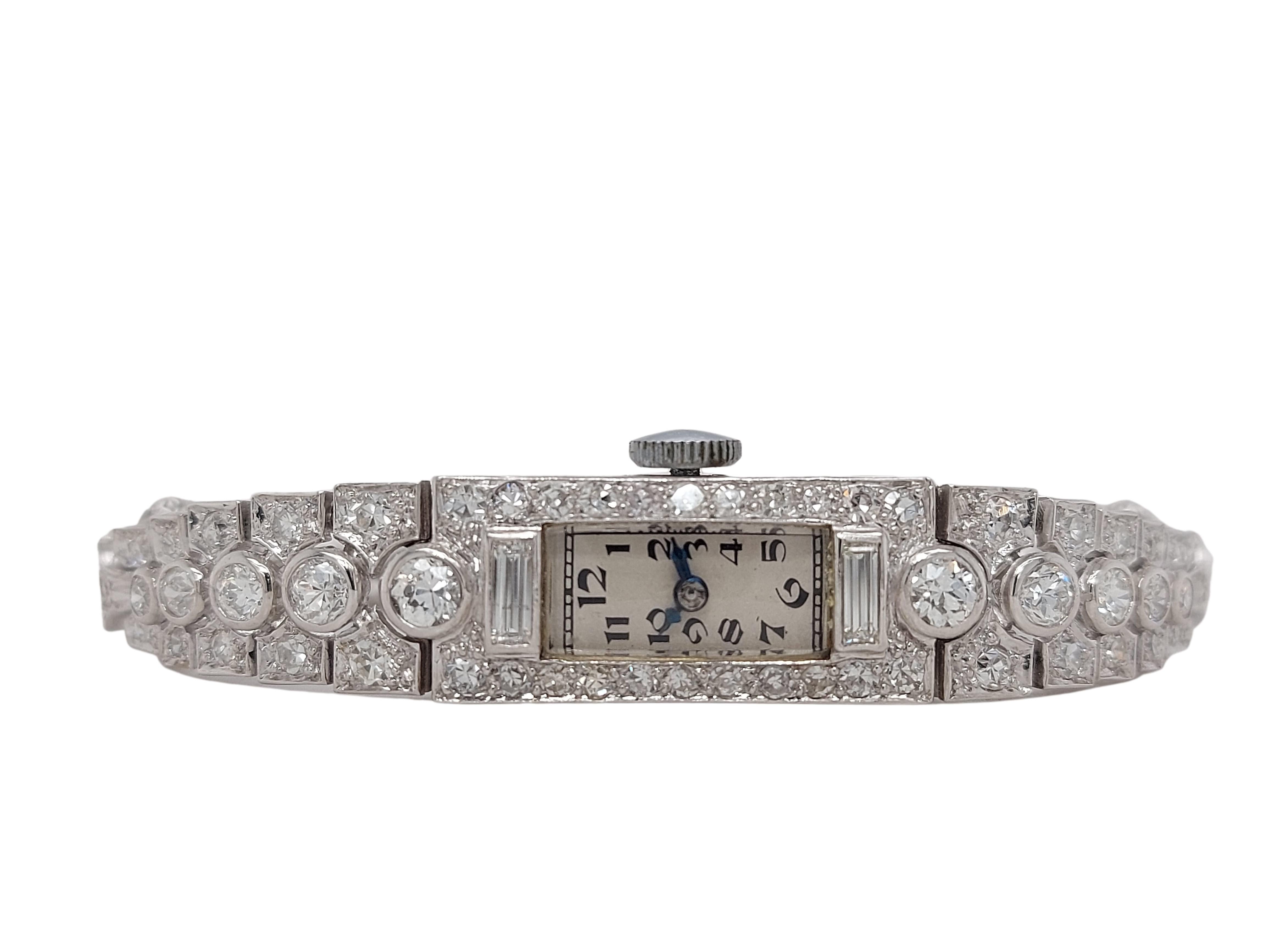 Platinum Lady Wristwatch with Old Cut or Baguette Cut Diamonds For Sale 5