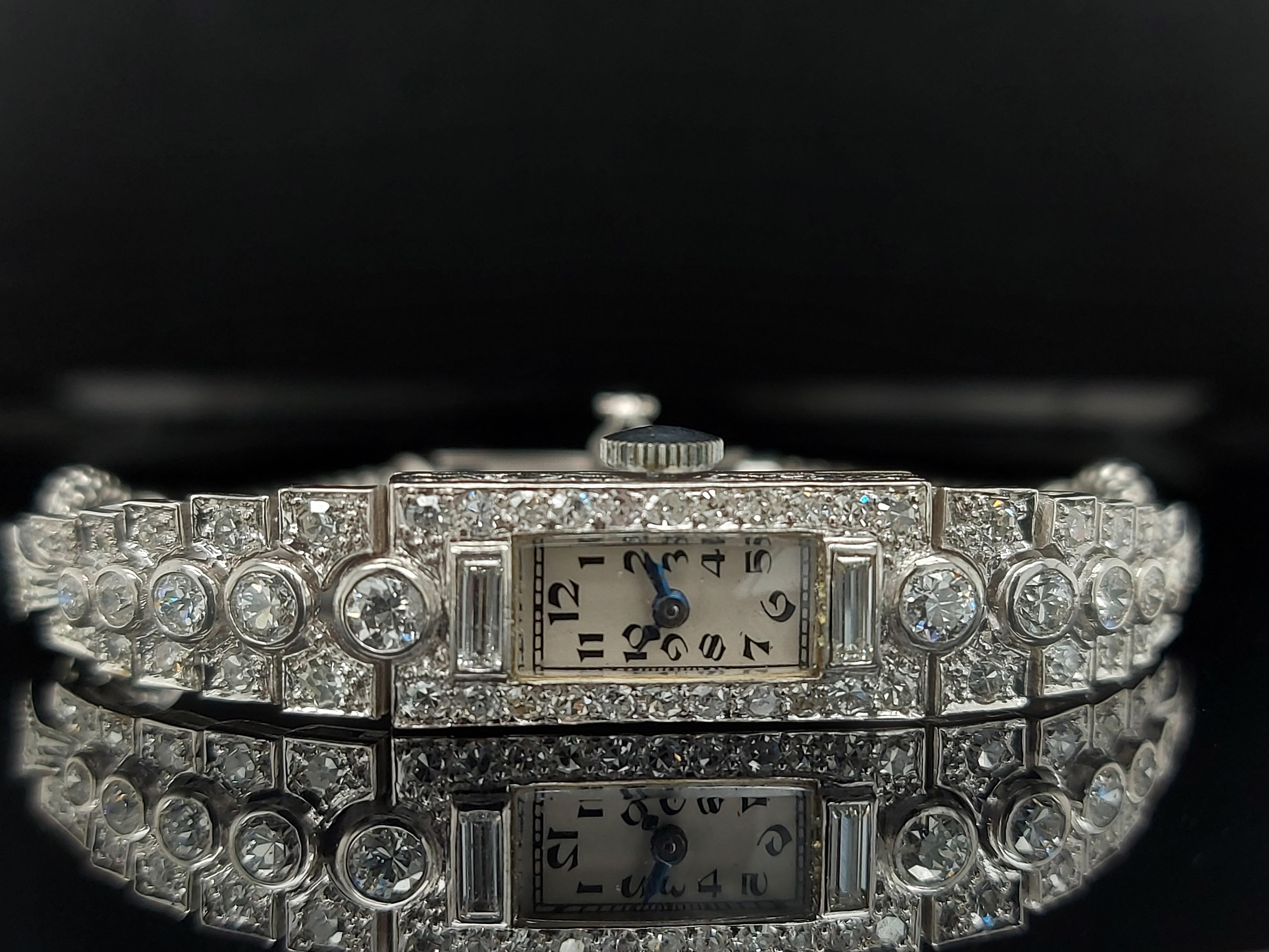 Art Deco Platinum Lady Wristwatch with Old Cut or Baguette Cut Diamonds For Sale