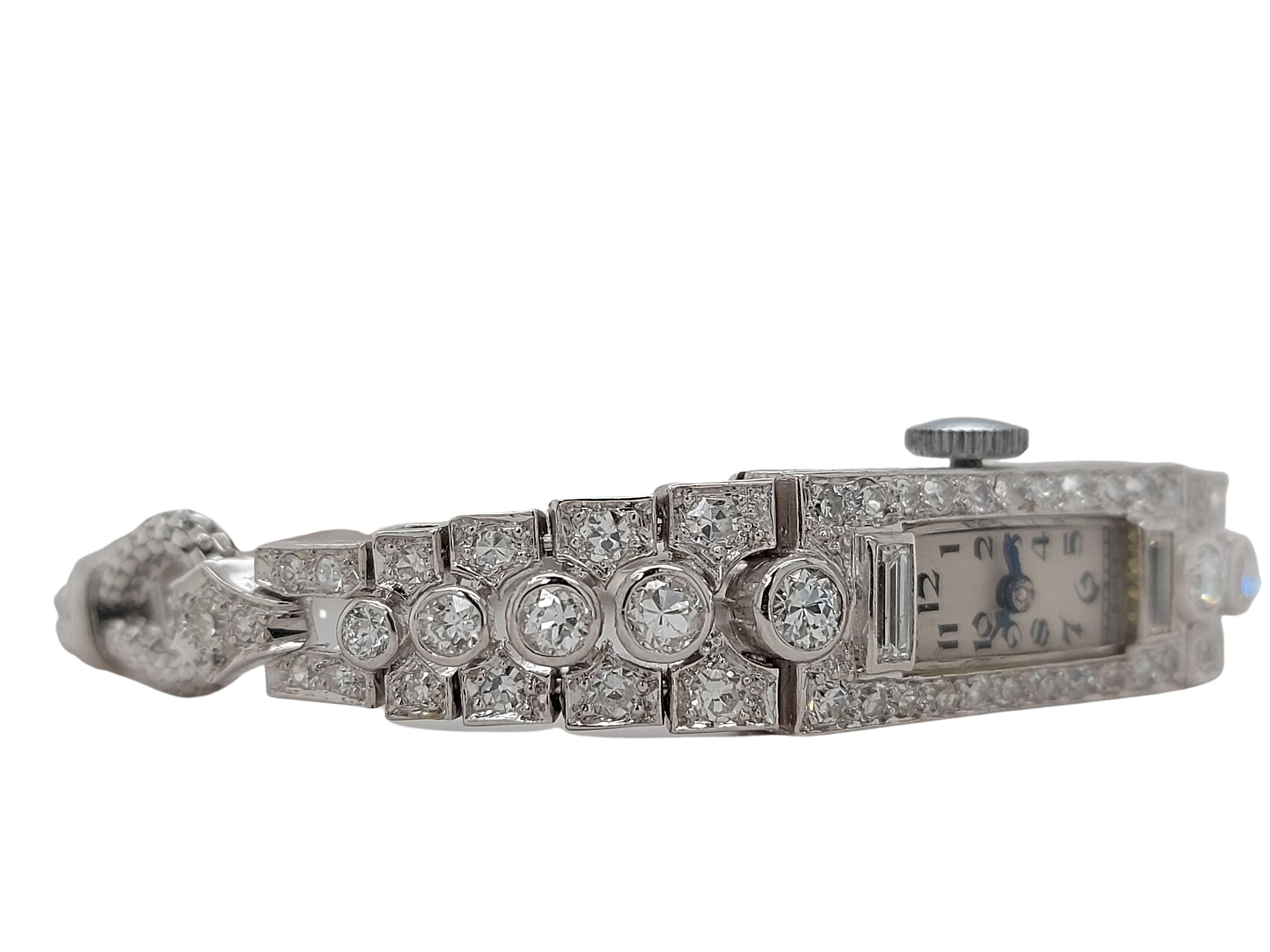 Round Cut Platinum Lady Wristwatch with Old Cut or Baguette Cut Diamonds For Sale