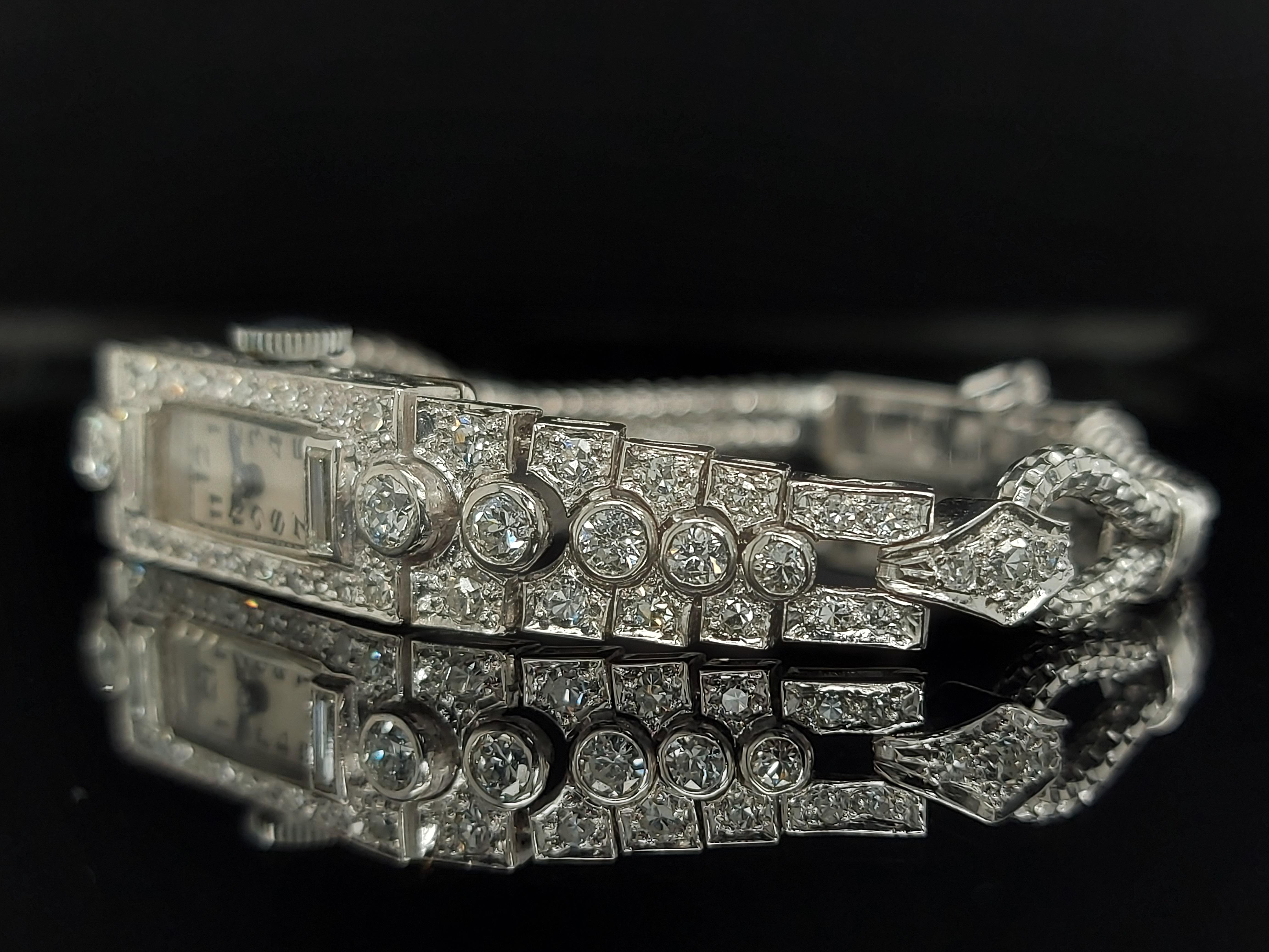 Platinum Lady Wristwatch with Old Cut or Baguette Cut Diamonds For Sale 1
