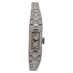 Reloj de pulsera de platino para señora con diamantes talla antigua o talla baguette