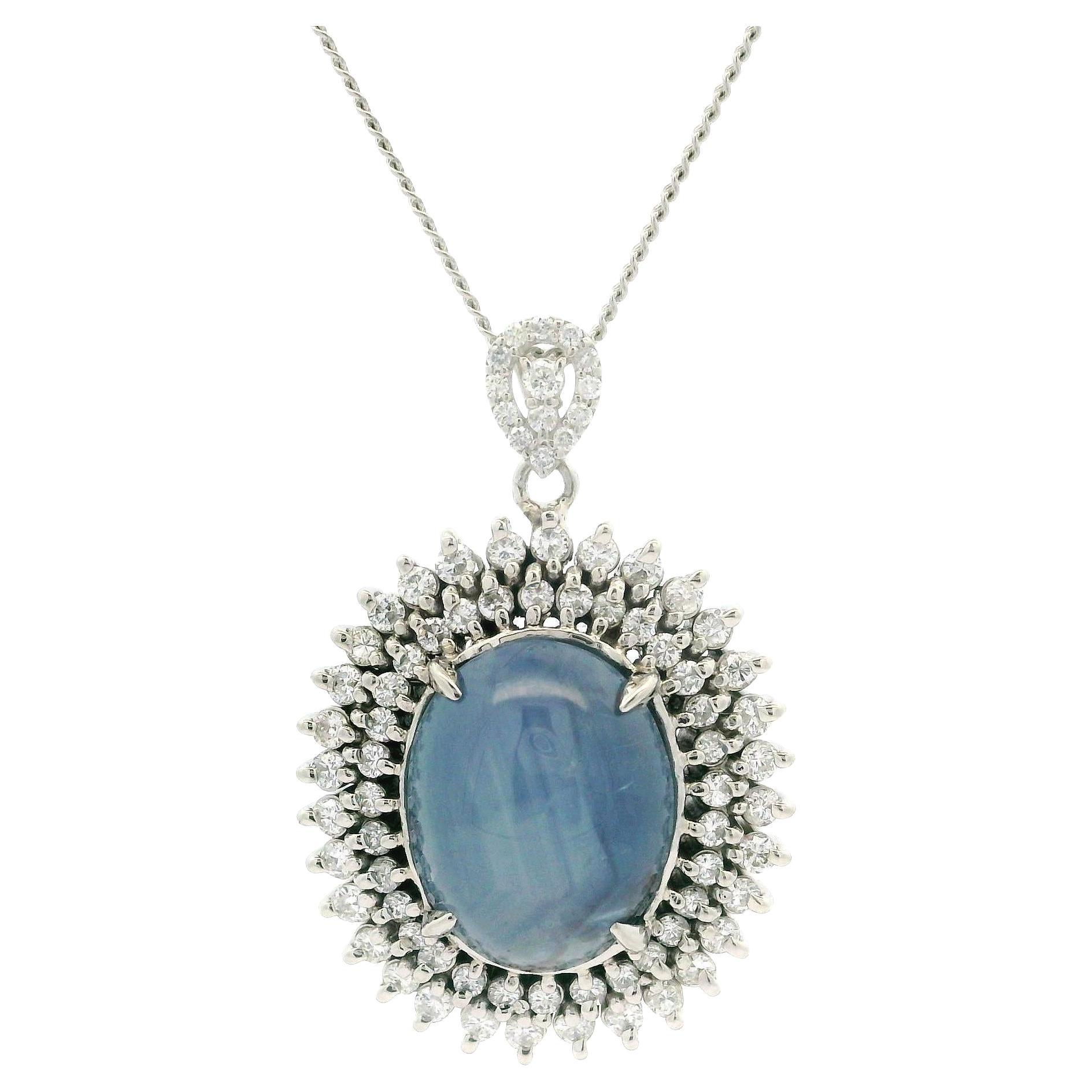 Platinum Large 14.63ctw Sapphire Double Halo Diamond Pendant 16" Chain Necklace For Sale