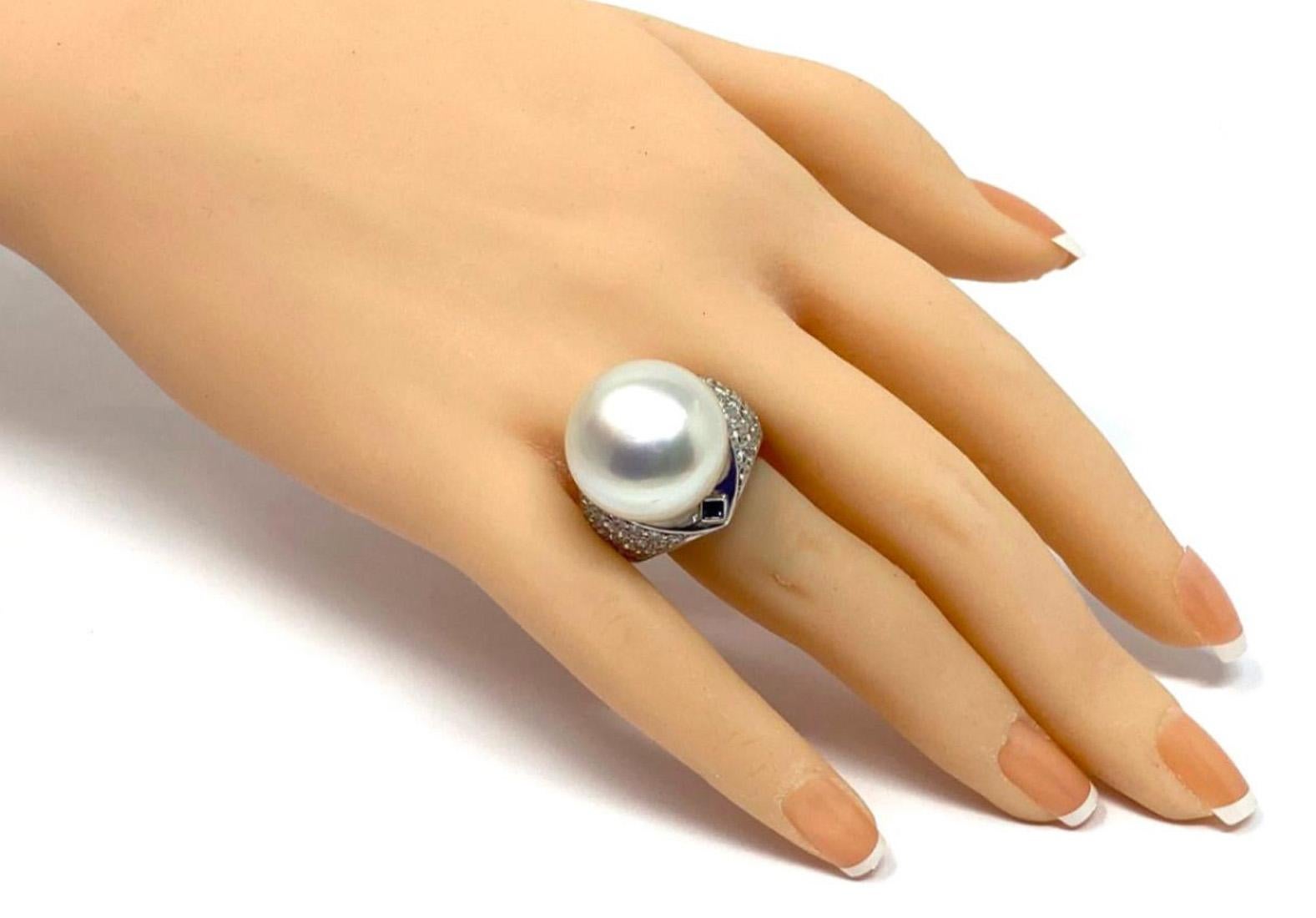 Platinum Large 18mm Pearl Diamond Sapphire Cocktail Ring For Sale 3