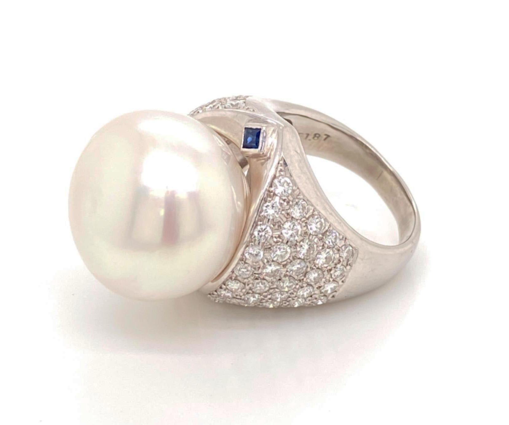 Women's Platinum Large 18mm Pearl Diamond Sapphire Cocktail Ring For Sale