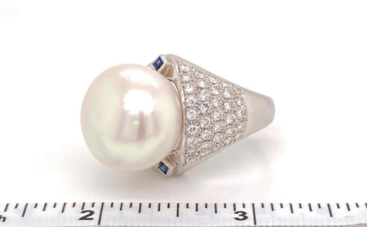 Platinum Large 18mm Pearl Diamond Sapphire Cocktail Ring For Sale 1