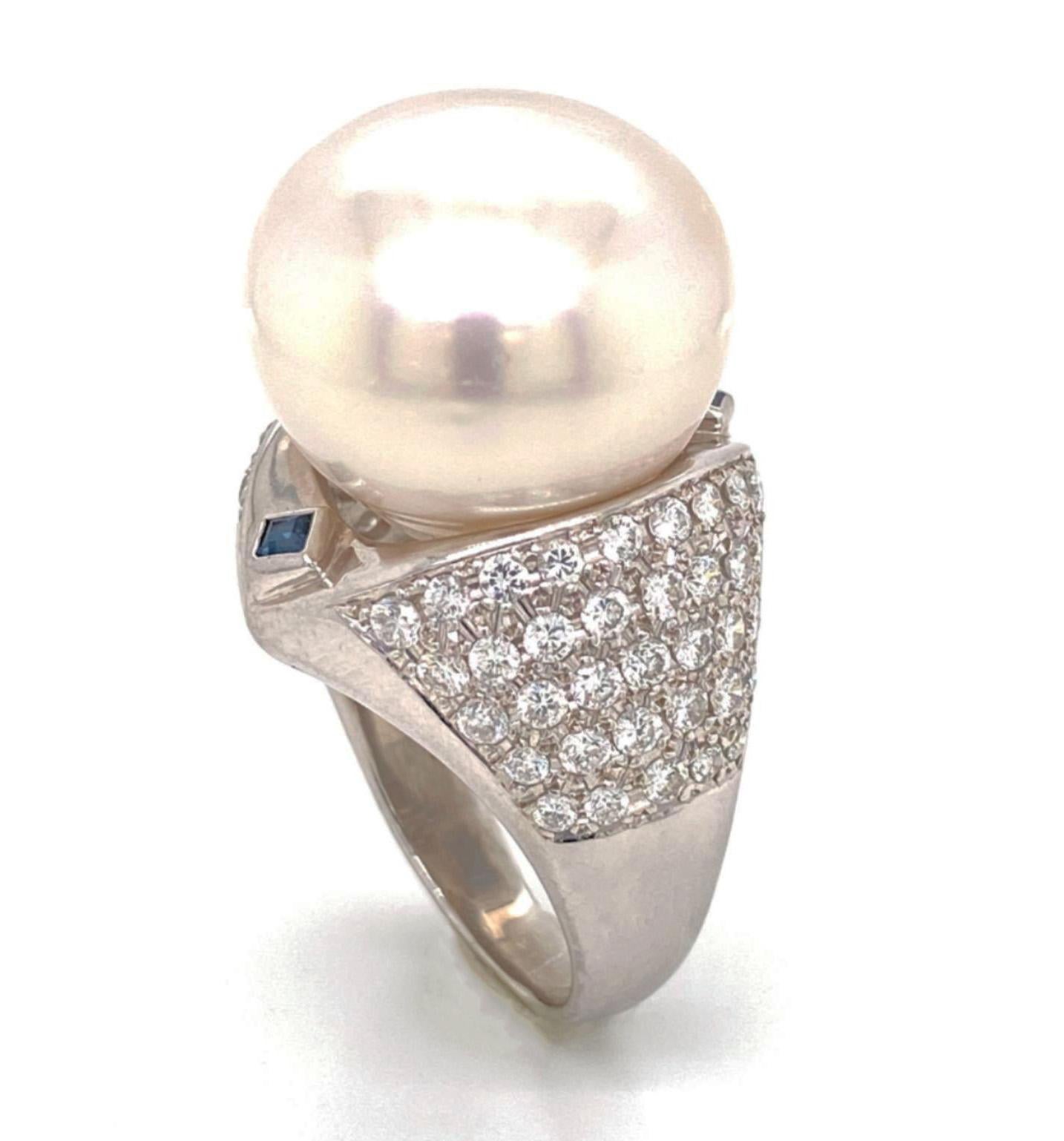 Platinum Large 18mm Pearl Diamond Sapphire Cocktail Ring For Sale 2
