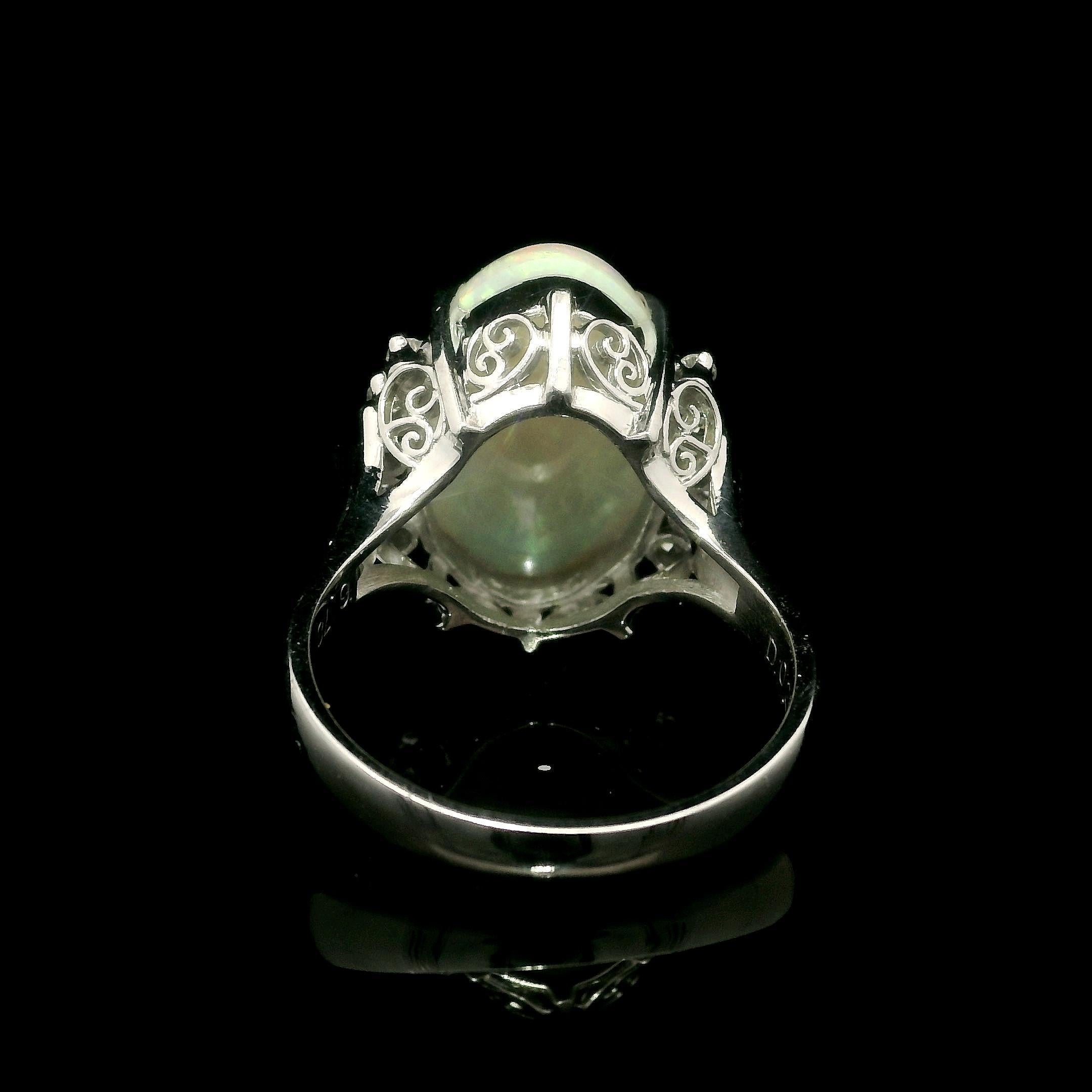 Platinum Large 6.98ctw Oval Cabochon Opal & Diamond Open Work Gallery Ring For Sale 6