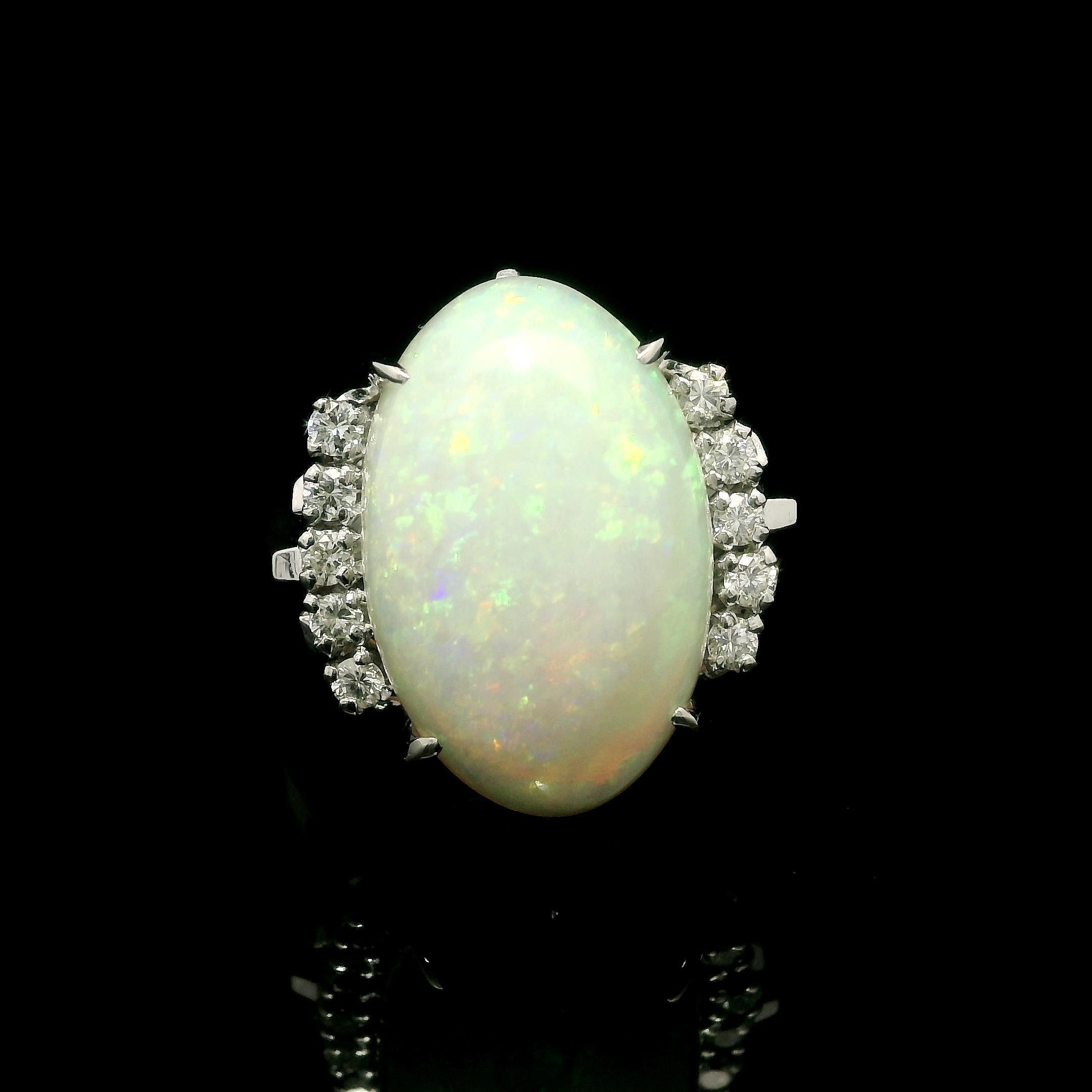 Platinum Large 6.98ctw Oval Cabochon Opal & Diamond Open Work Gallery Ring For Sale 10