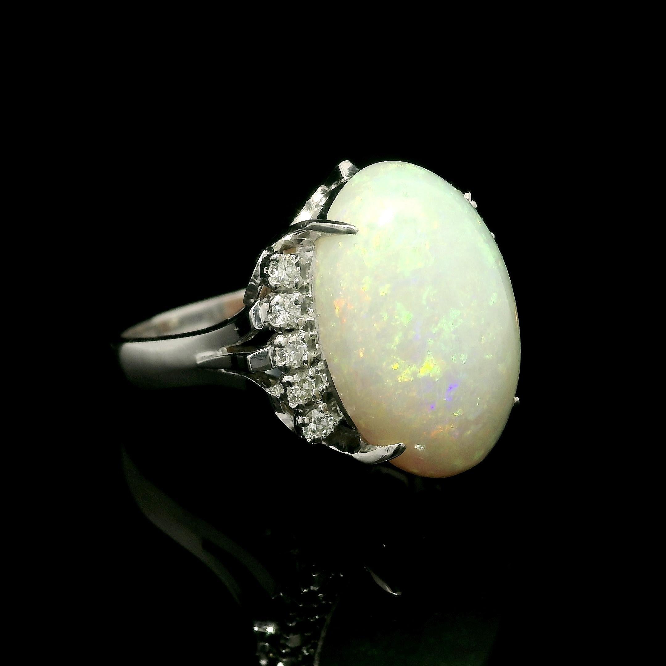 Platinum Large 6.98ctw Oval Cabochon Opal & Diamond Open Work Gallery Ring For Sale 11