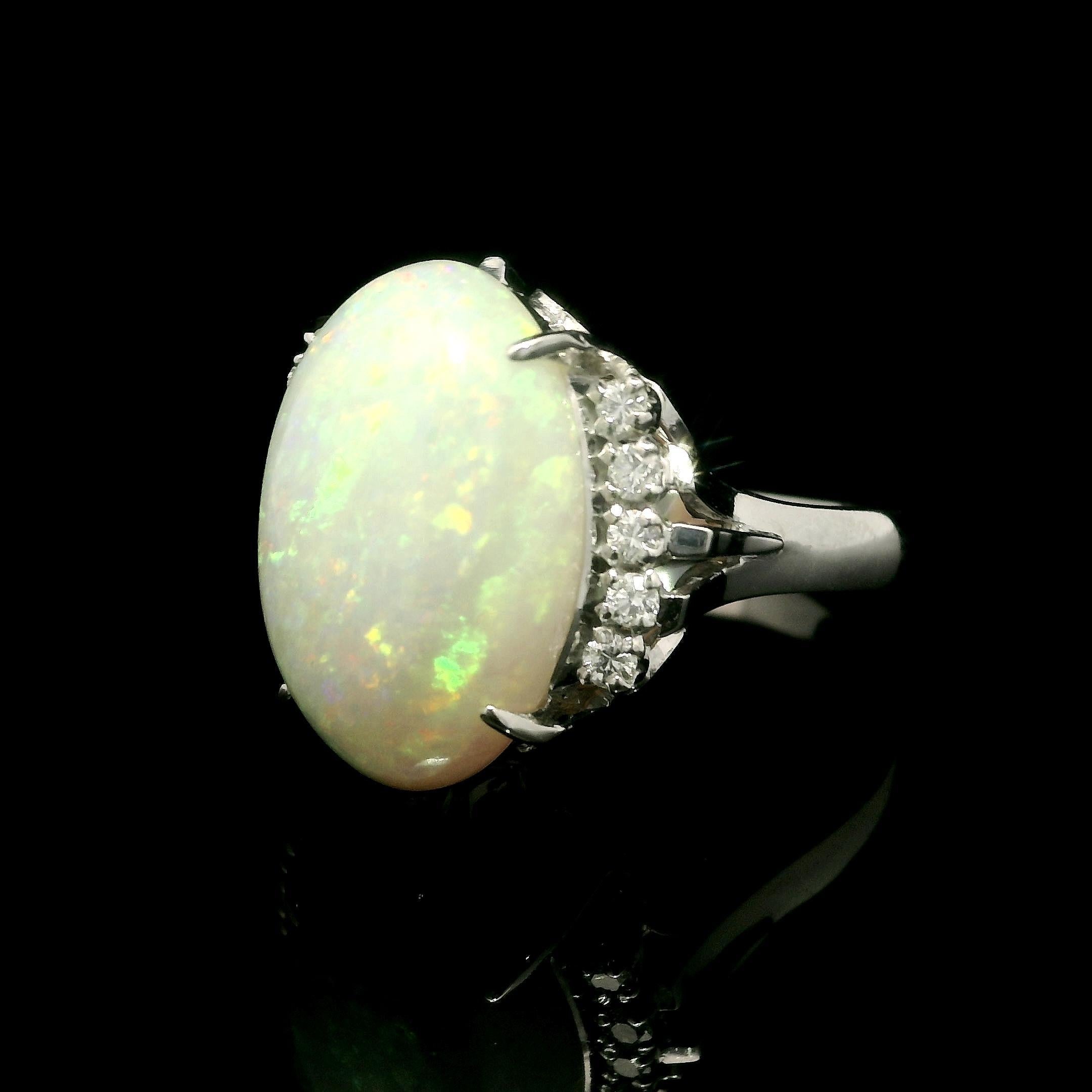 Platinum Large 6.98ctw Oval Cabochon Opal & Diamond Open Work Gallery Ring For Sale 12