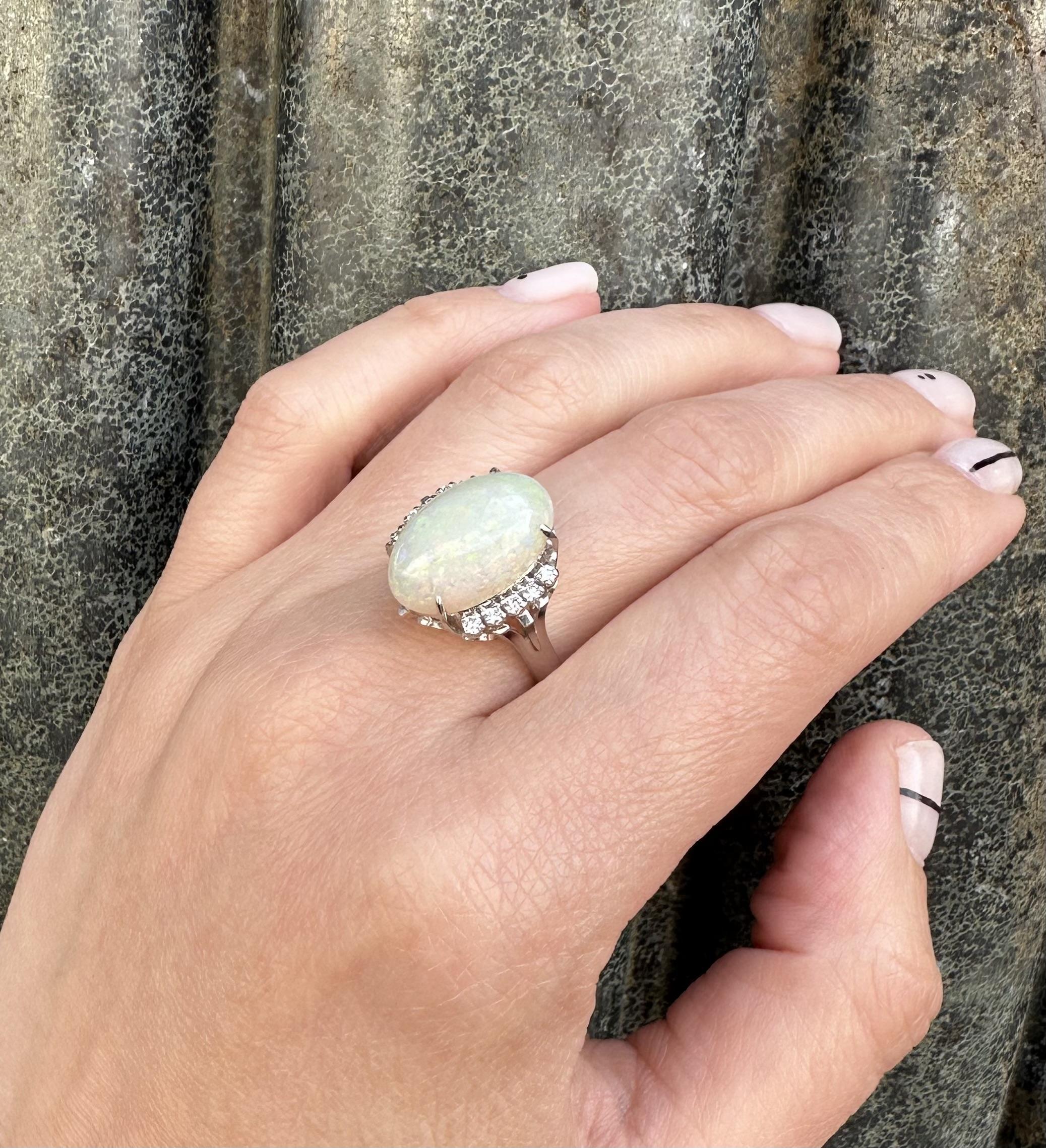 Women's Platinum Large 6.98ctw Oval Cabochon Opal & Diamond Open Work Gallery Ring For Sale